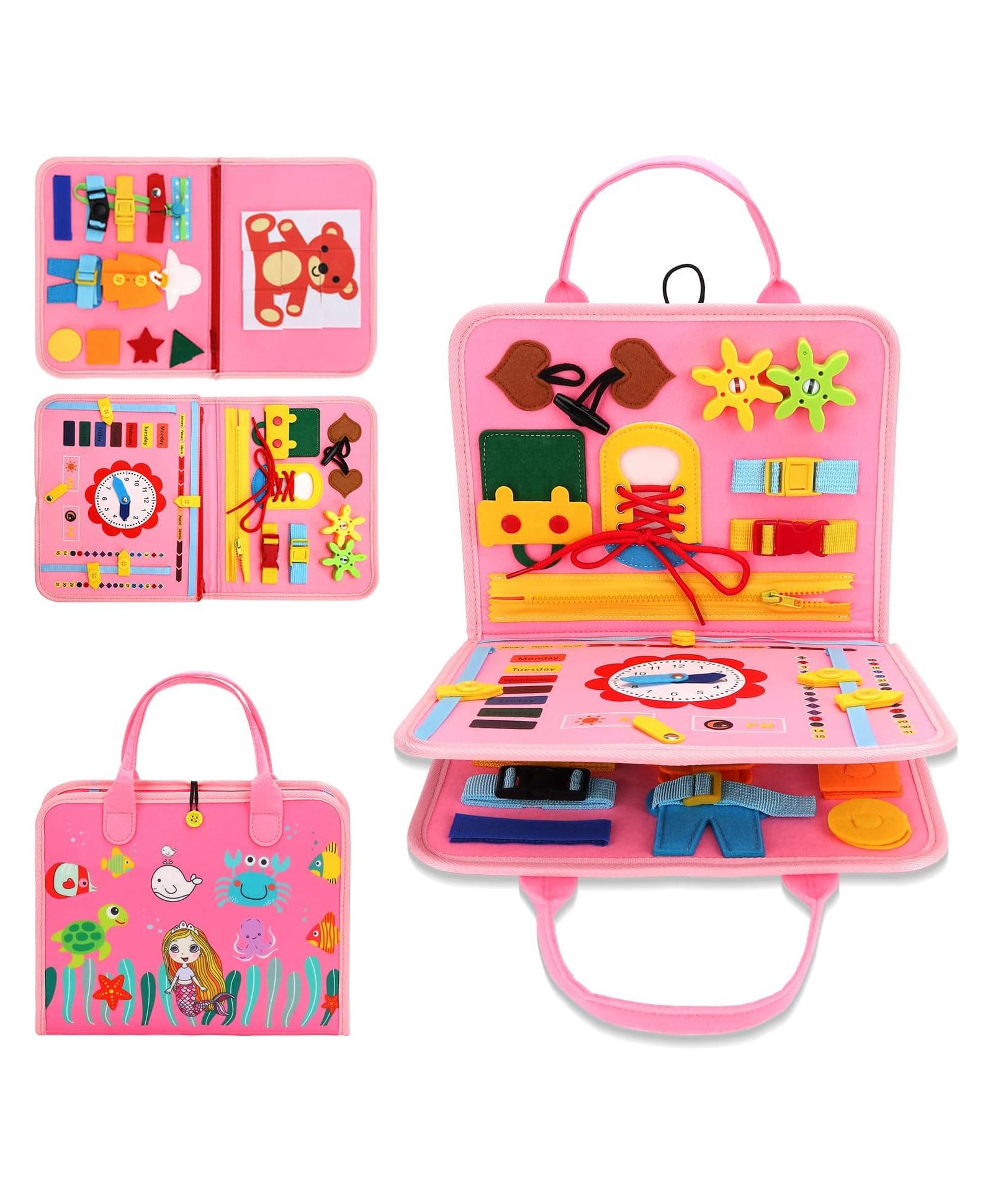 KolorFish Busy Board for Toddlers,Montessori Toys for Boys Girls Early Educational Activity Baby Sensory Toy,Autism Busy Book Travel Toys for Kids (Underwater Pink)-image-41