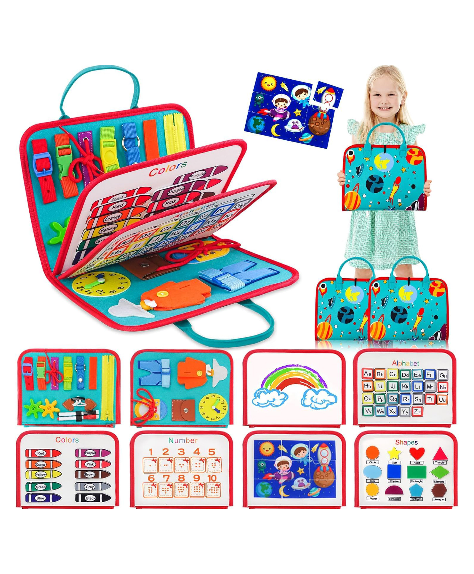 KolorFish Busy Board for Toddlers,Montessori Toys,Early Educational Activity Baby Sensory Toy,Autism Busy Book Travel Toys for Kids (Space Blue)-image-9