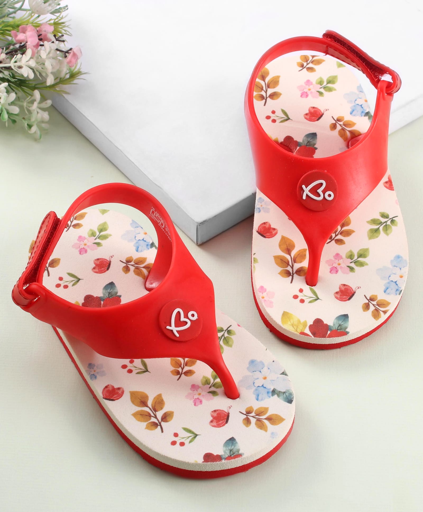 Babyoye Flip Flops with Velcro Closure & Leaves Print - Red-picture-13