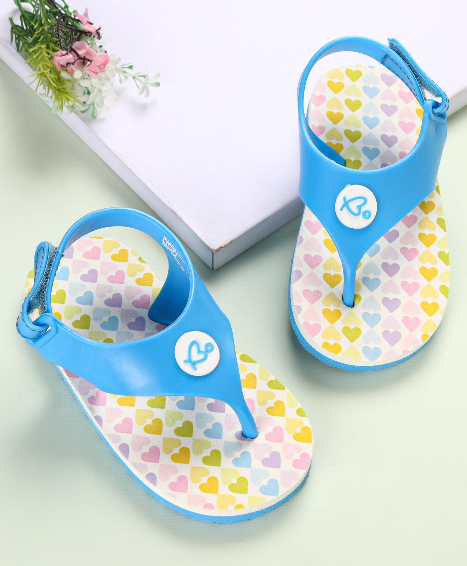Babyoye Flip Flops with Velcro Closure Heart Print - Blue-image-4