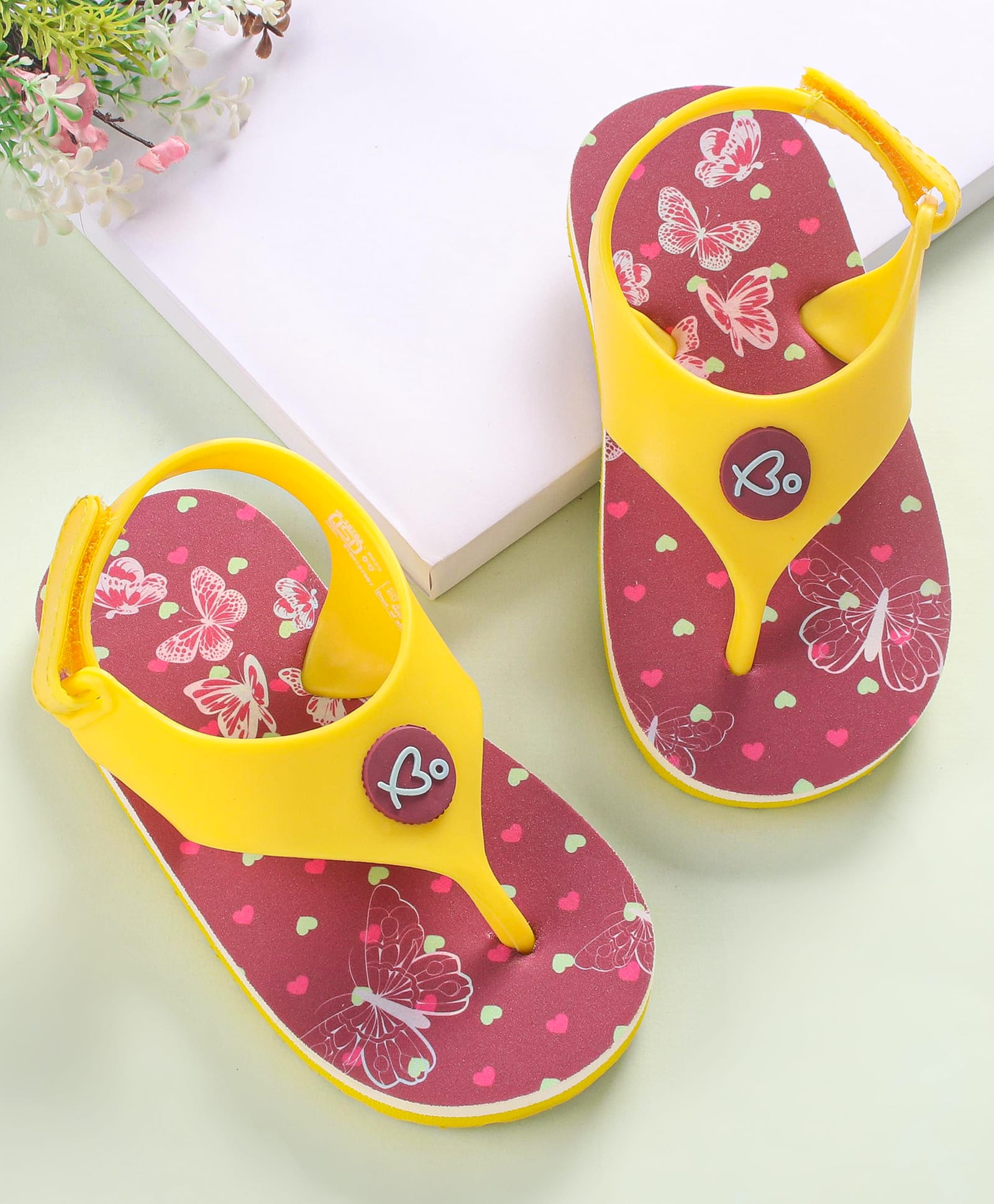 Babyoye Flip Flops with Velcro Closure & Butterfly Print - Yellow-image-28