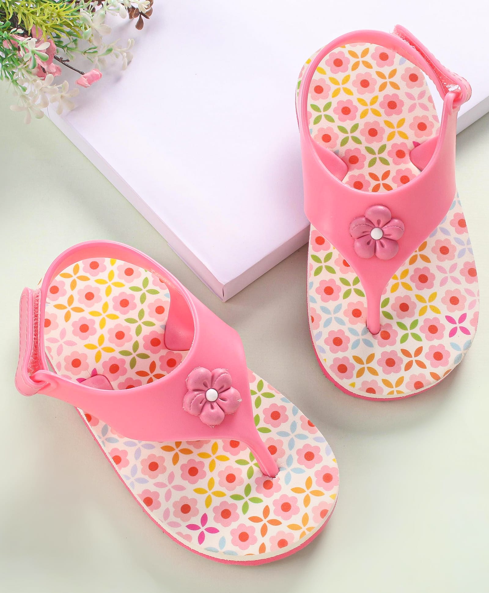 Babyoye Flip Flops with Velcro Closure & Floral Print - Pink-image-38