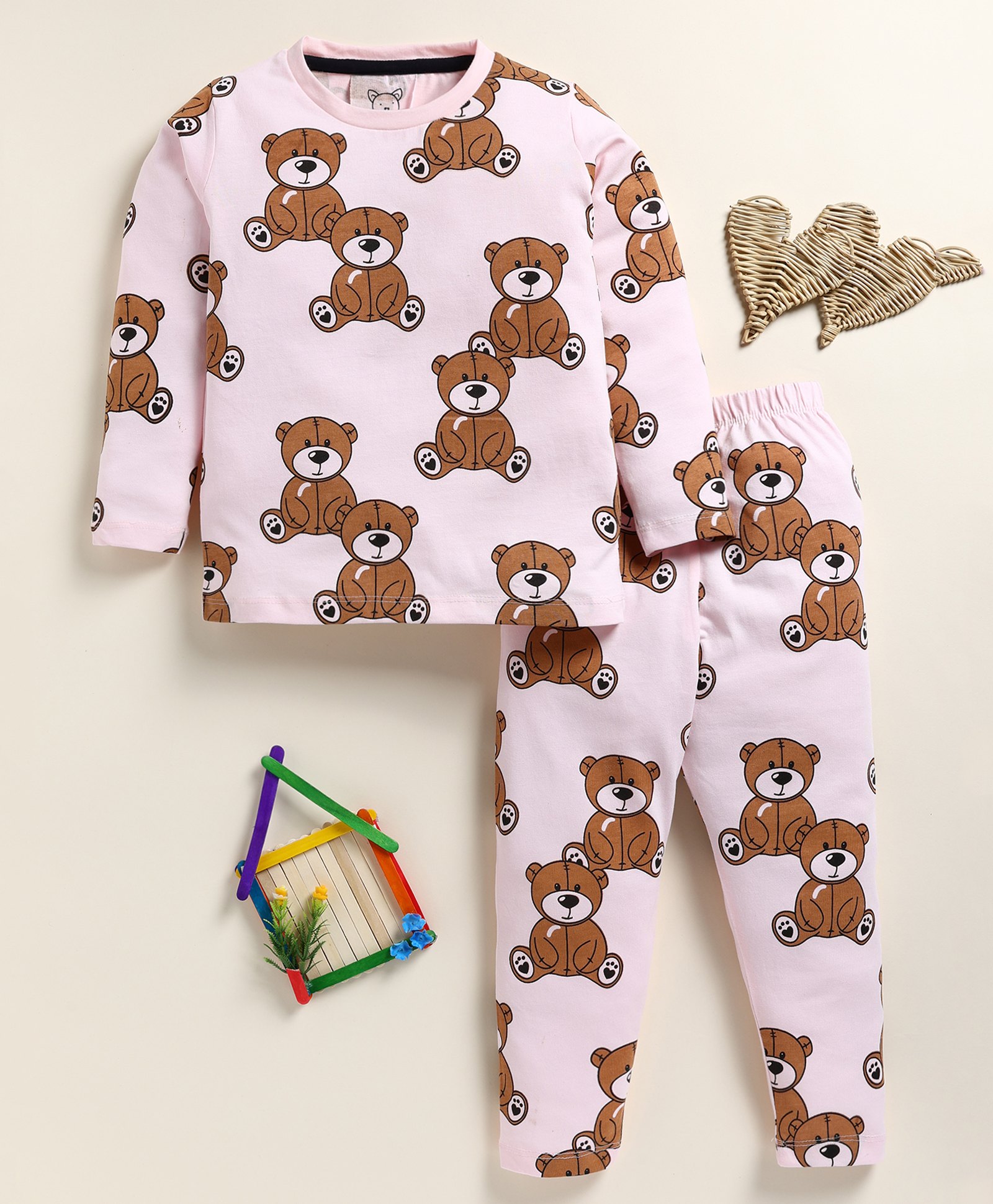 Little Marine Cotton Kint Full Sleeves Bear Printed Night Suit - Opera Pink-picture-21