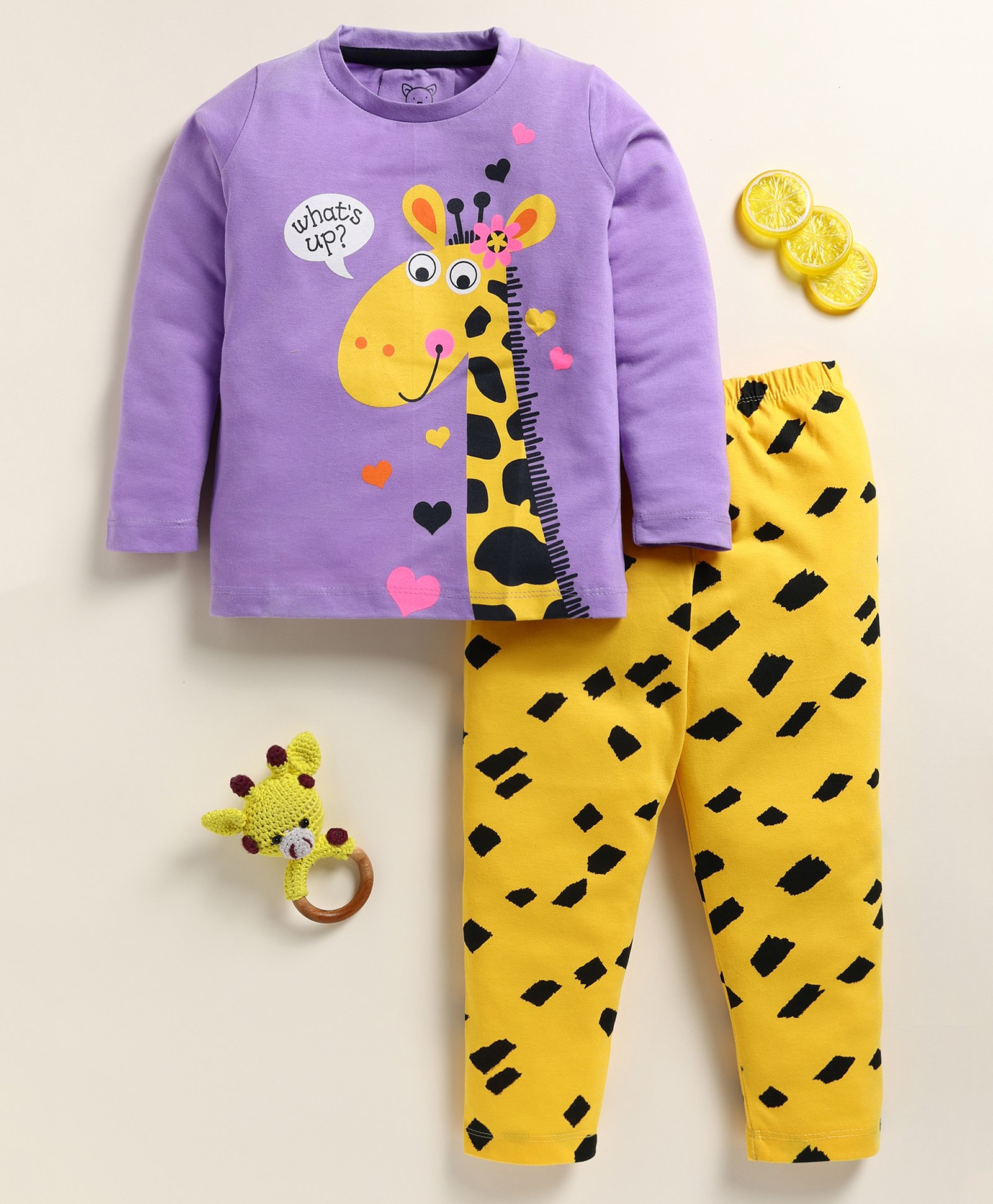 Little Marine Cotton Kint Full Sleeves Giraffe Printed Night Suit - Violet Purple & Yellow-image-42