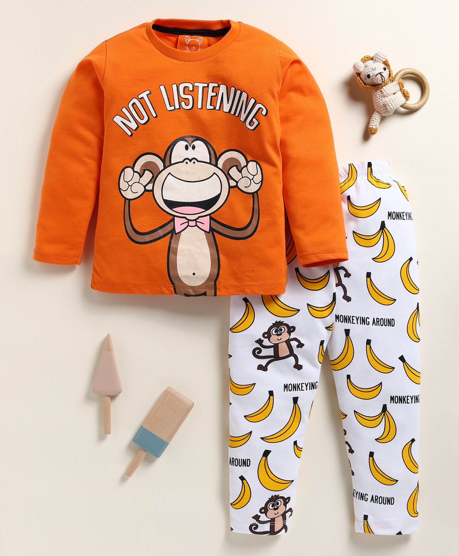 Little Marine Kint Cotton Full Sleeves Text & Monkey Printed Night Suit - Orange-picture-49