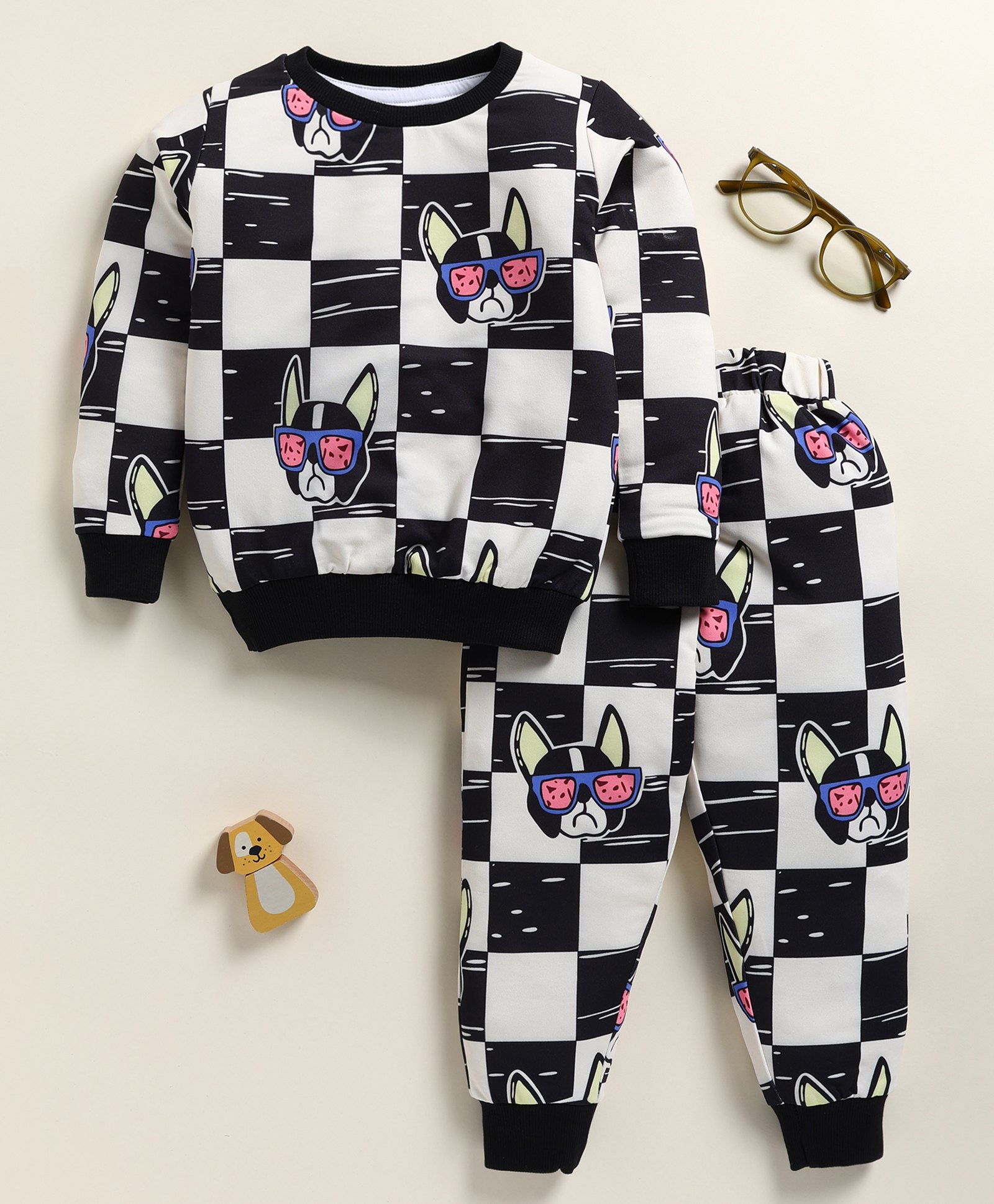 Little Marine Cotton Kint Full Sleeves Printed Night Suit - Off White & Black-picture-18