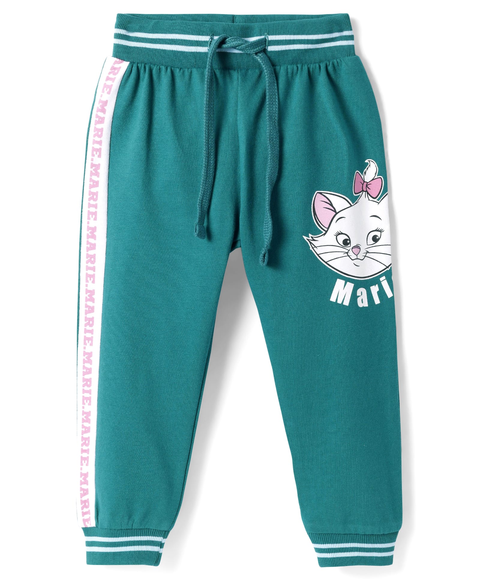 Babyhug Disney Terry Knit Ankle Length Track Pants With Side Tape & Marie Graphic - Dark Green-image-28