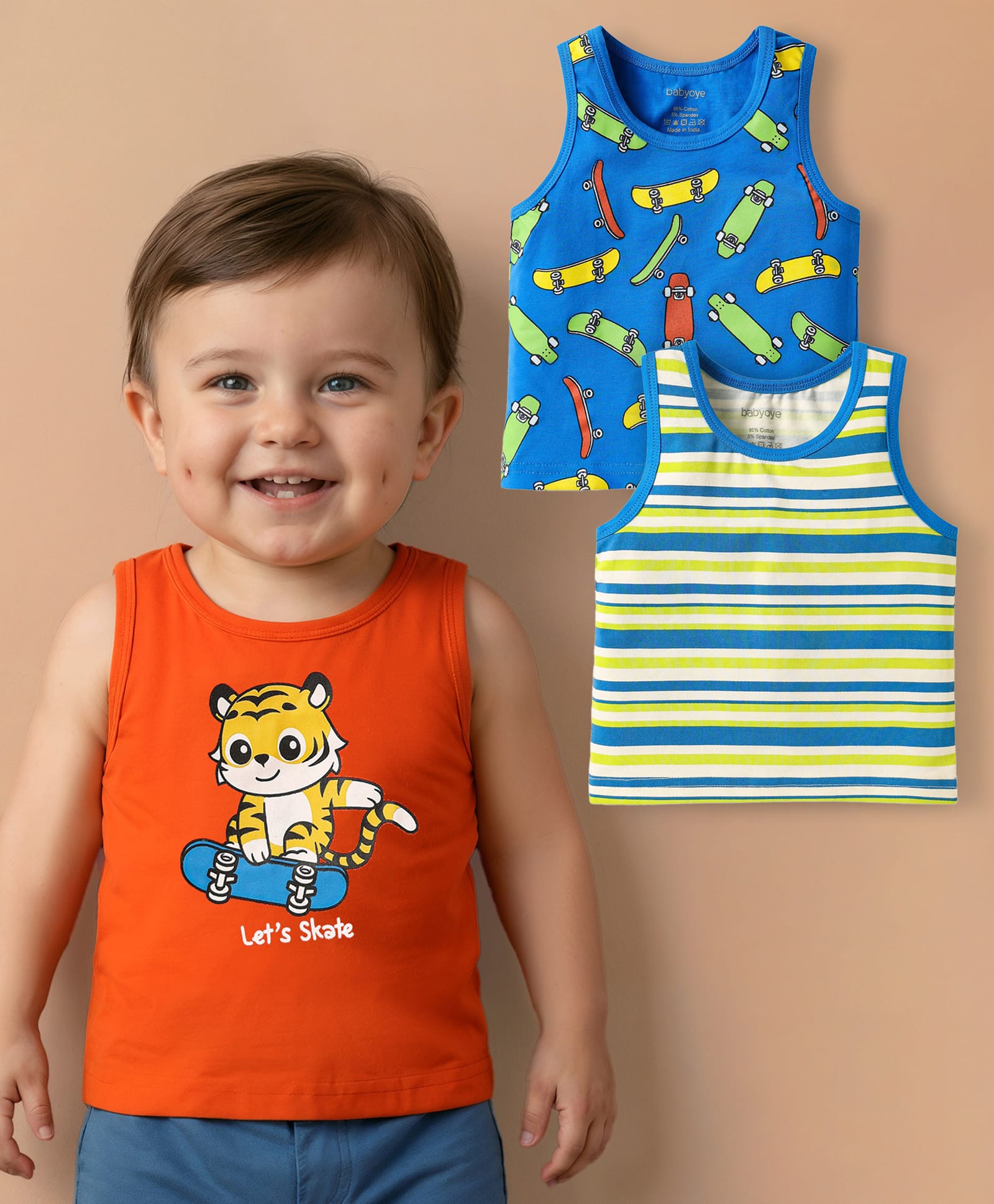 Babyoye Cotton Elastane Knit Sleeveless Tiger & Skateboard Printed Sando Vests Pack of 3 - Orange Blue & Light Green-picture-16
