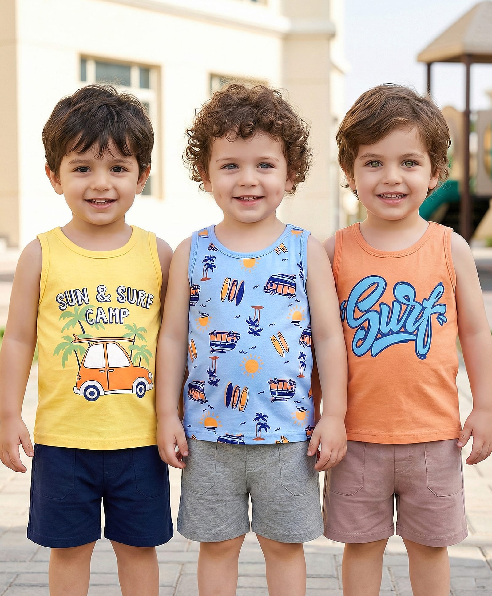 Babyoye Cotton Elastane Knit Sleeveless Vests With Beach Theme Print Pack Of 3 - Yellow Blue & Orange-image-6