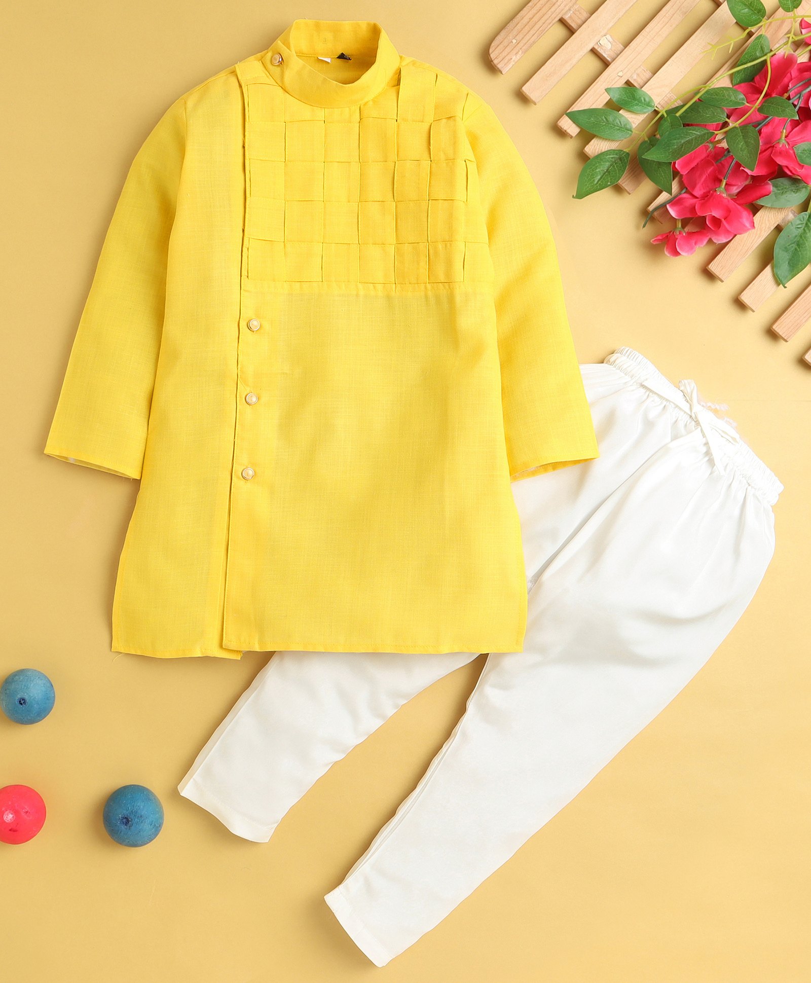 Jeet Ethnics Cotton Full Sleeves Checked Self Design Kurta Pyjama Set - Yellow-picture-35