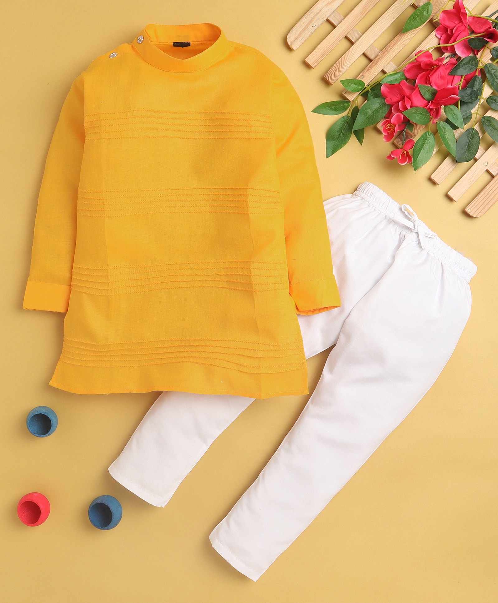 Jeet Ethnics Cotton Full Sleeves Self Striped Kurta Pyjama Set - Yellow-image-40