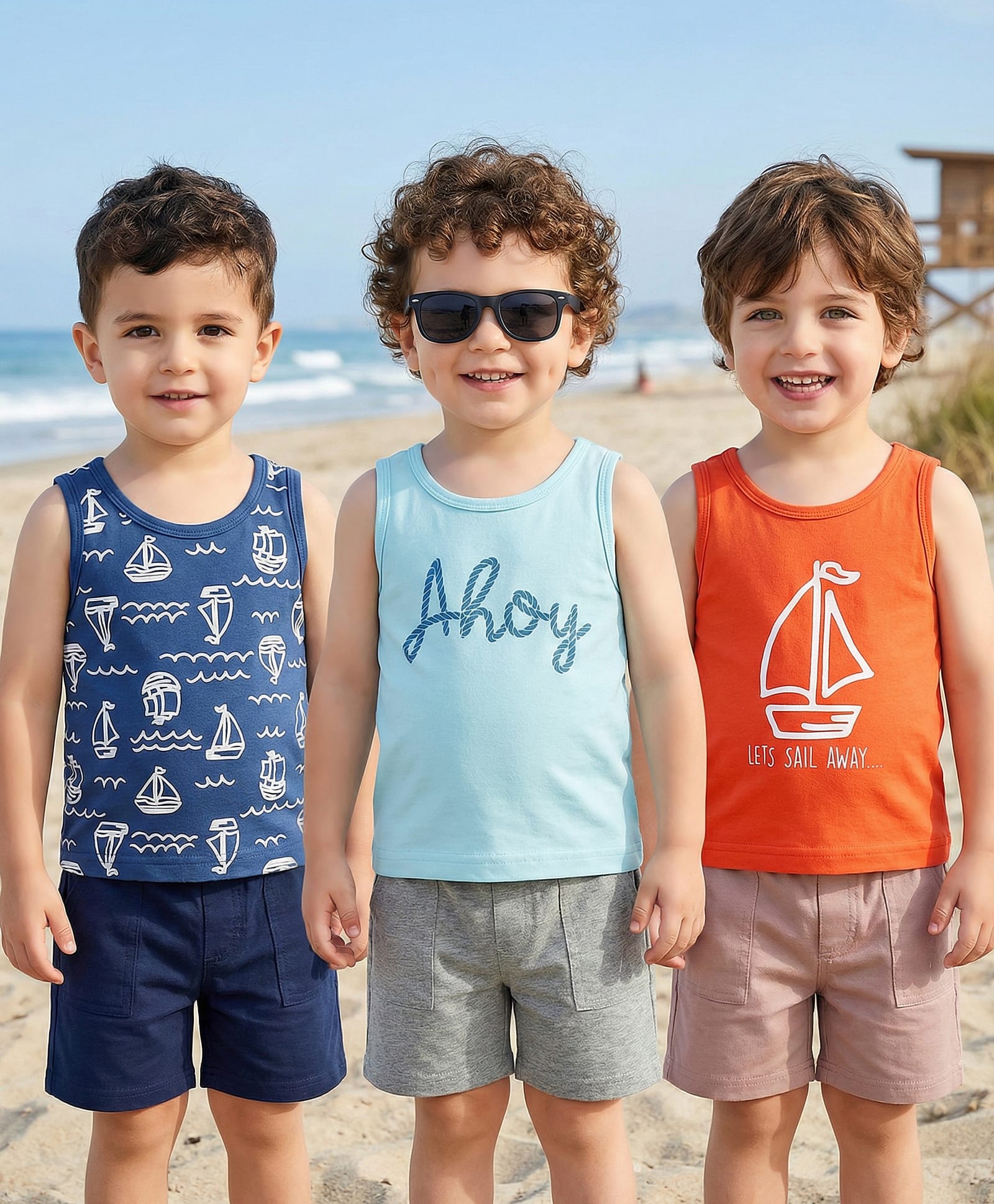 Babyoye Cotton Knit Sleeveless Vests with Nautical Theme Print Pack of 3 - Light Blue & Orange-image-44