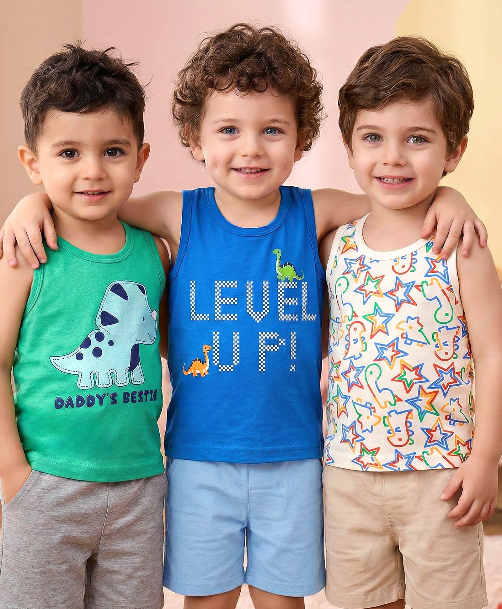 Babyoye Cotton Elastane Sleeveless Vests With Star & Dino Print Pack Of 3 - Green Blue & White-picture-28