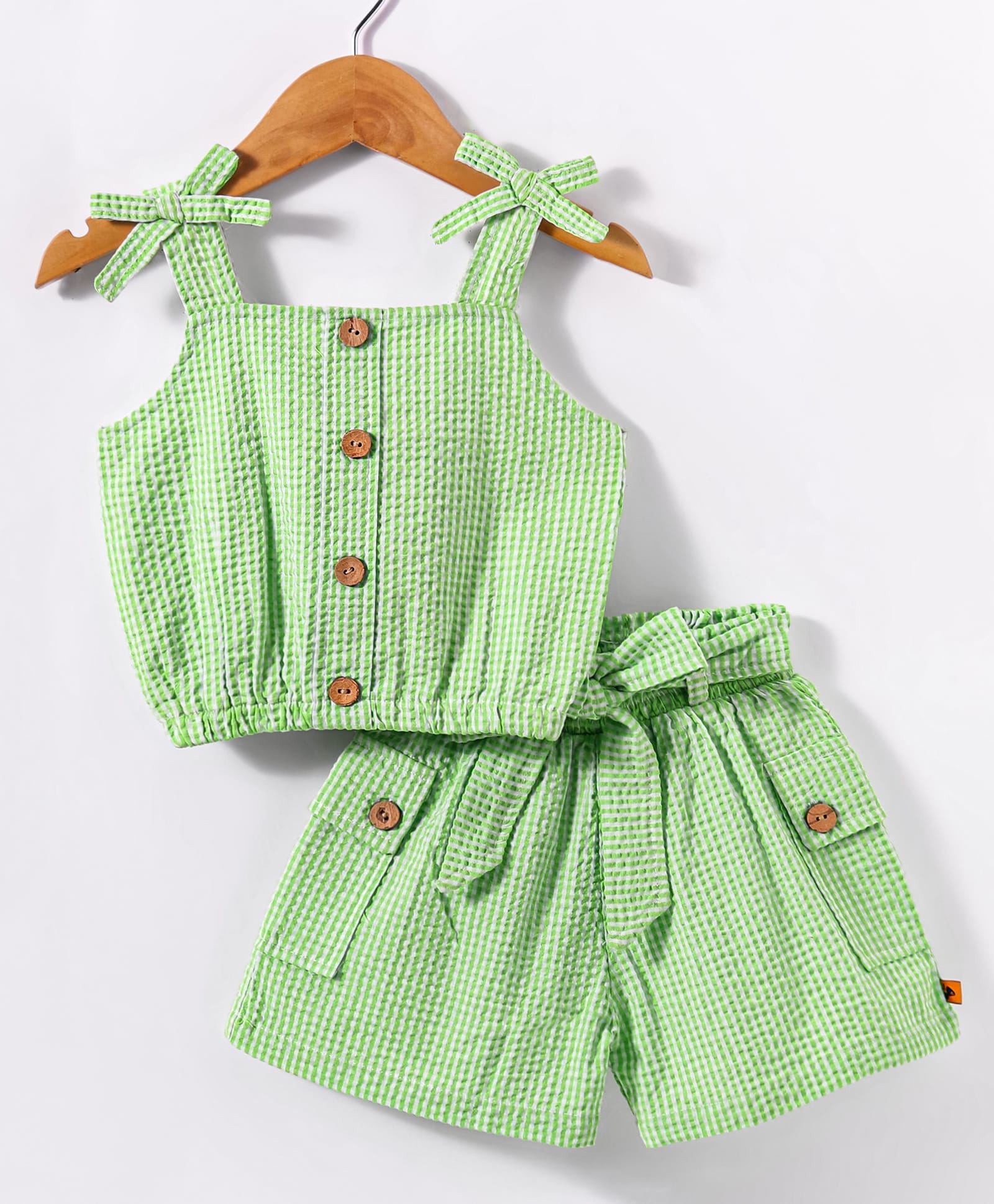 Dew Drops Cotton Woven Sleeveless Top & Shorts Set With Bow Applique - Light Green-image-2