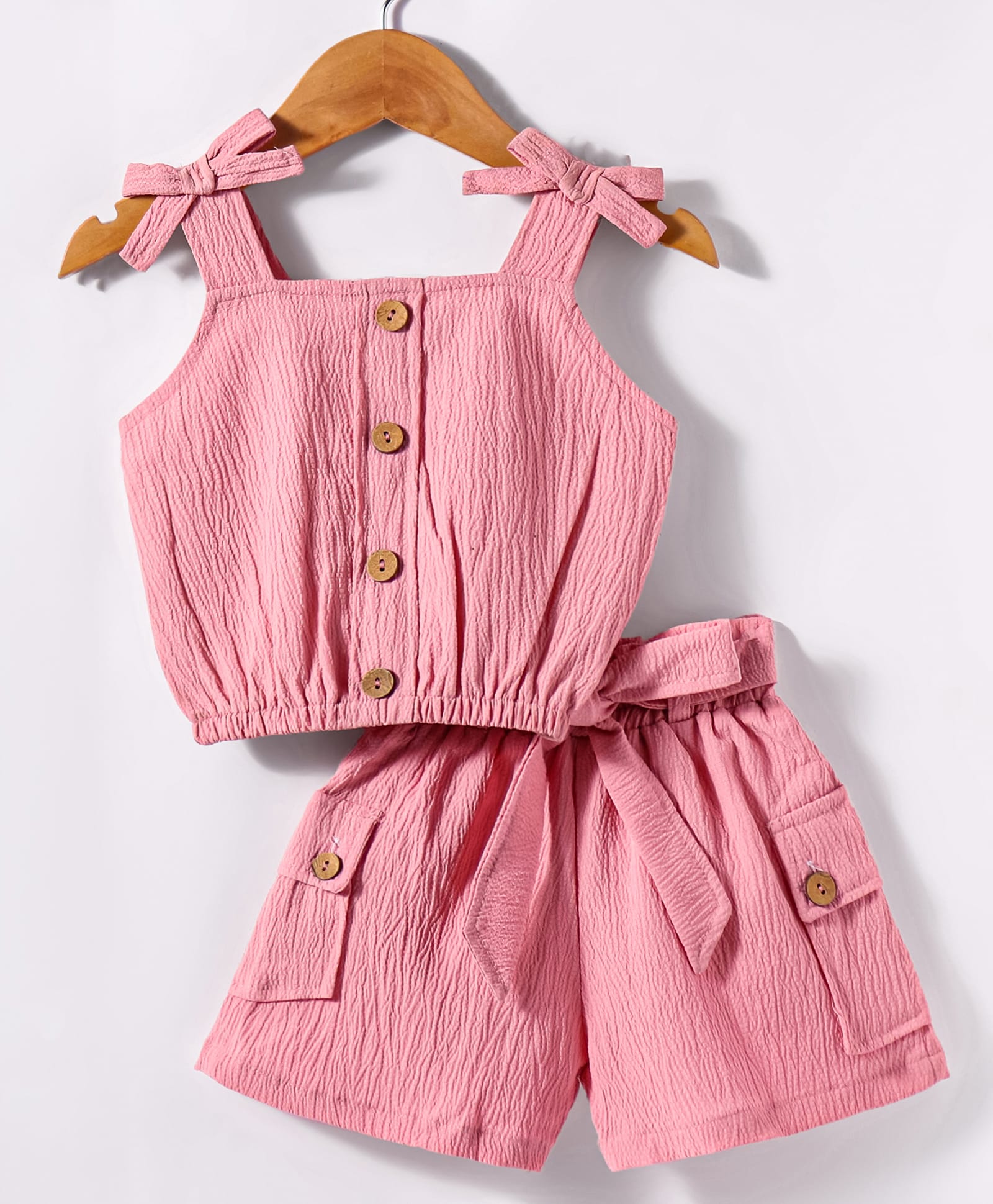 Dew Drops Cotton Woven Sleeveless Solid Colour Top & Shorts Set With Bow Applique - Peach-picture-35