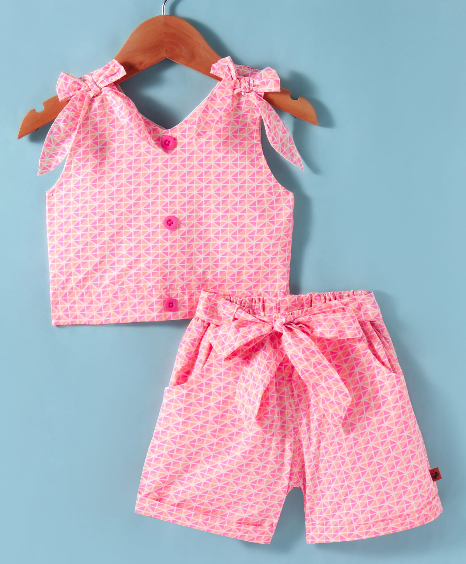 Dew Drops Cotton Kint Sleeveless Geometric Printed Top and Shorts Set With Bow Applique - Pink-picture-16