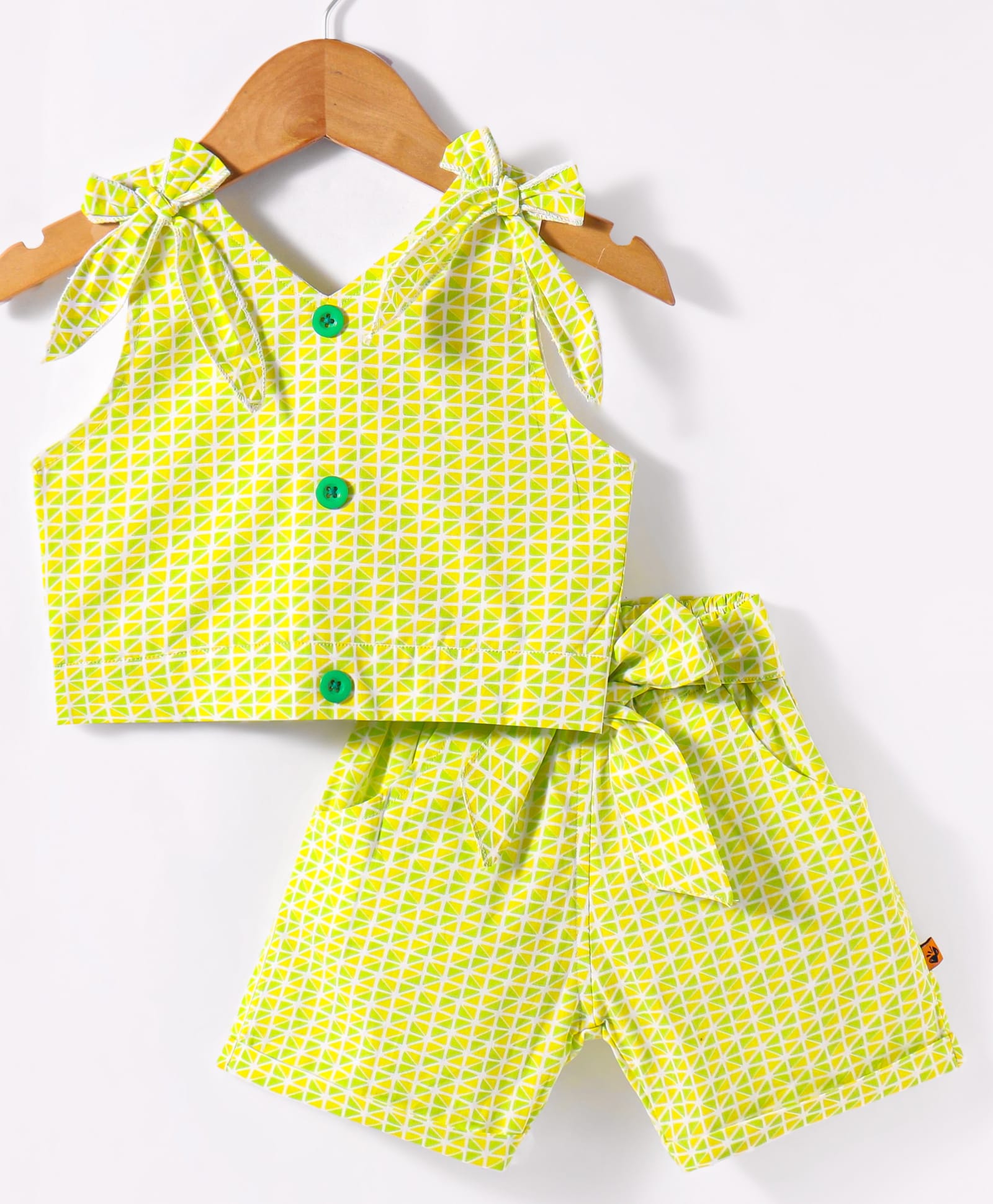 Dew Drops Cotton Kint Sleeveless Geometric Printed Top and Shorts Co-Ord Set - Neon Green-image-42
