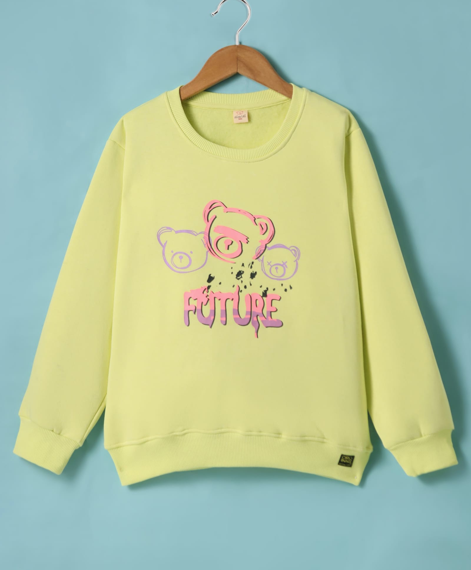 Olio Kids Fleece Knit FullSleeves Sweatshirt with Text Print - Lemon Yellow-picture-13