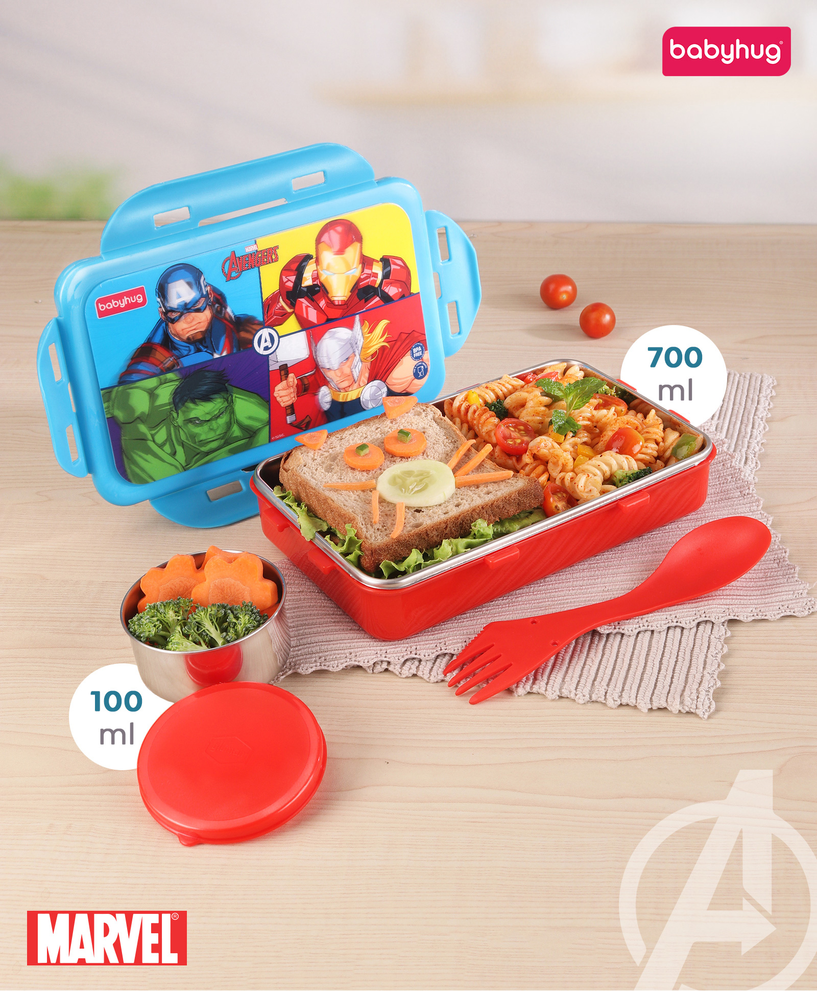 Babyhug Marvel Avengers 3D Printed Stainless Steel Air Tight Lunch box -Blue-image-46