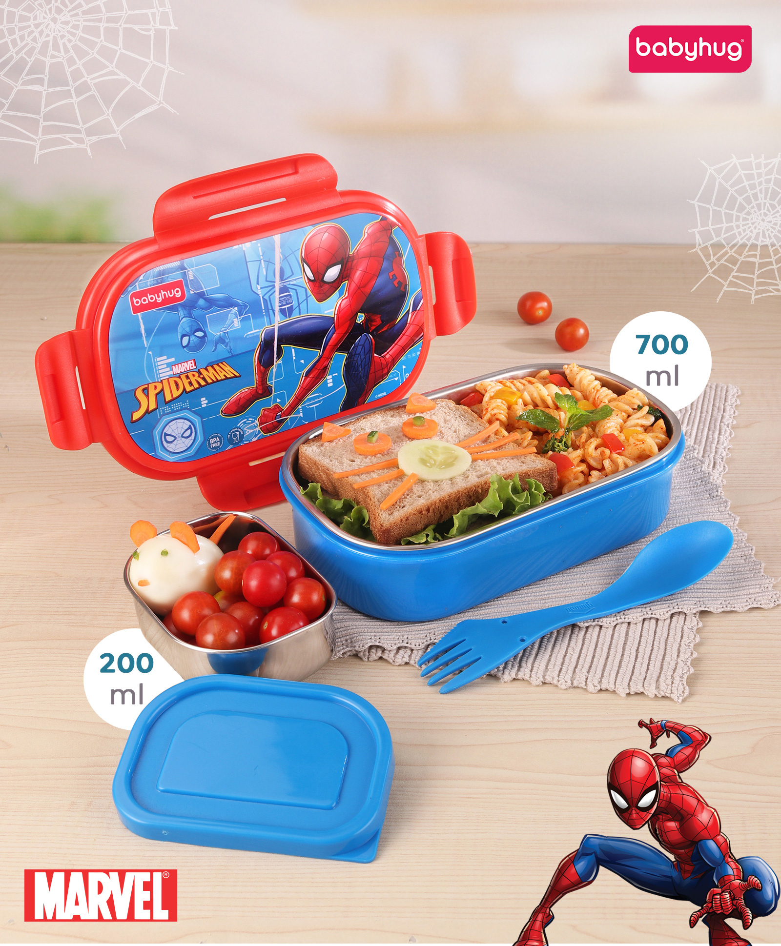 Babyhug Marvel Spiderman 3D Printed Stainless Steel Air Tight Lunch box -Red-image-49