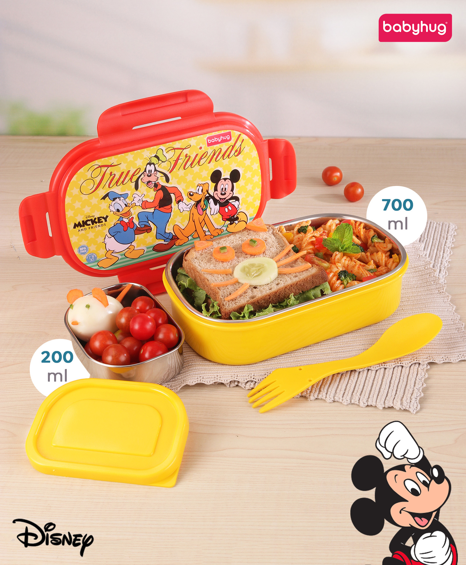 Babyhug Disney Mickey & Friends Printed Stainless Steel Airtight Lunch box- Yellow-image-20