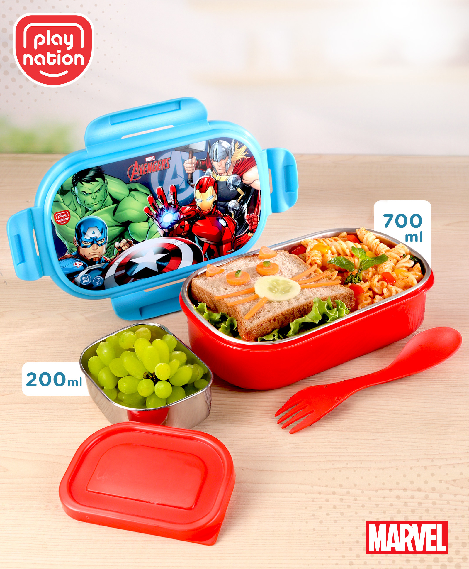 Play Nation Stainless Steel Lunch box with Marvel Avengers Print - Blue & Red-image-33