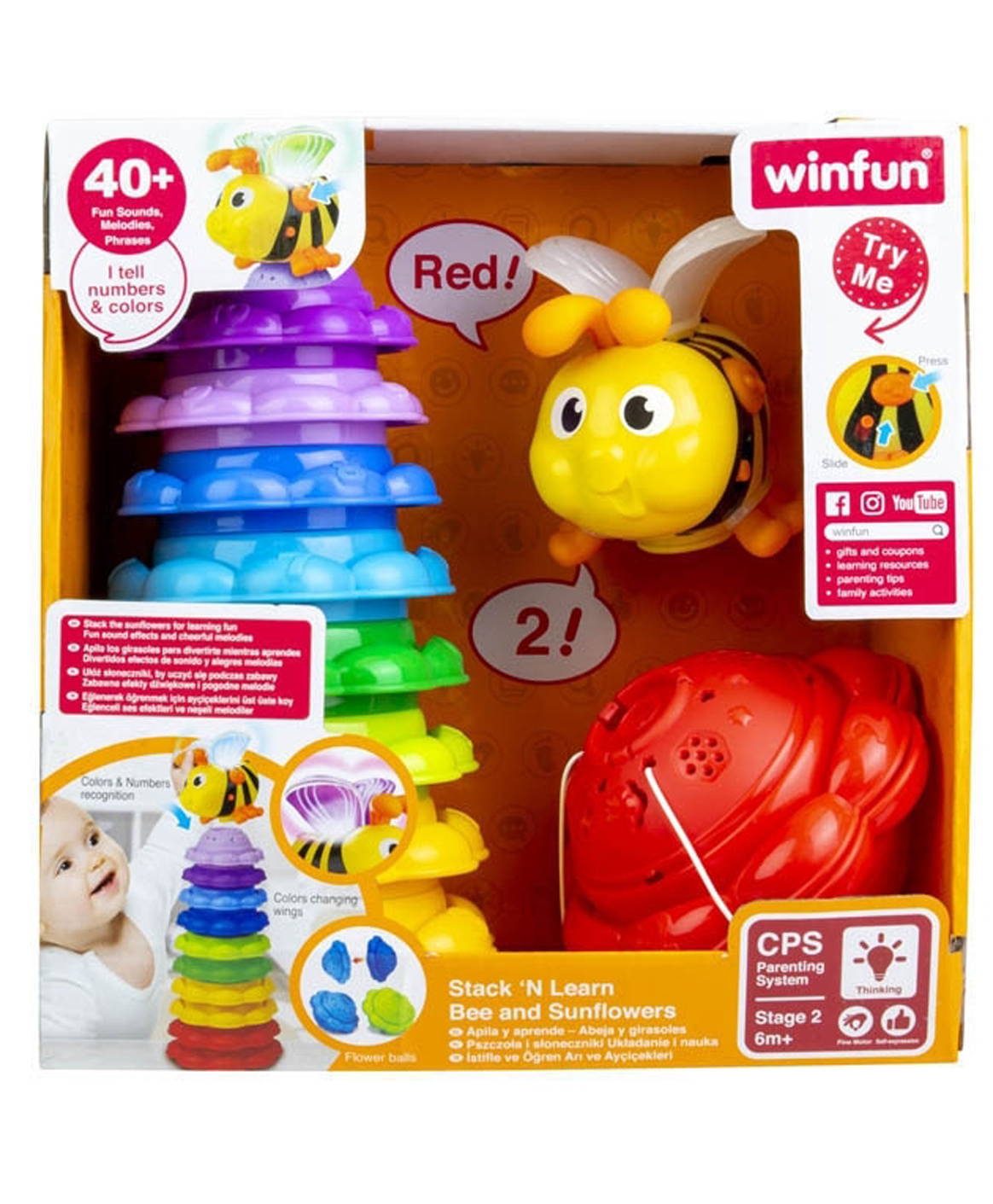 Winfun Stack 'N Learn Bee and Sunflowers | Fun & Activity Toy | Sound & Light effect | Included Batteries | Multicolor | Age 5M+