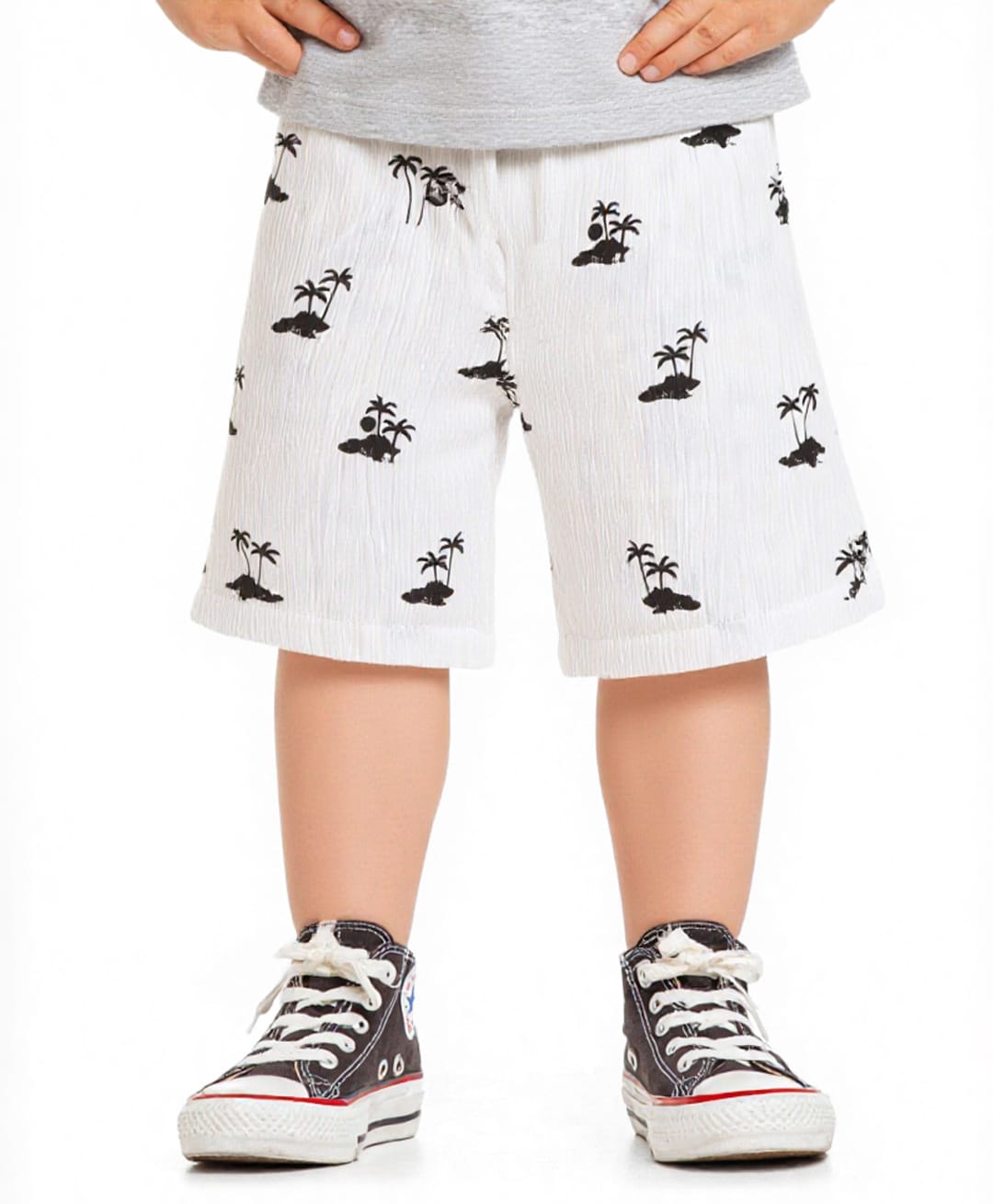 Bonfino Cotton Crinkle Double Gauze Woven Knee Length Shorts with Beach Theme Print - Off White-picture-28