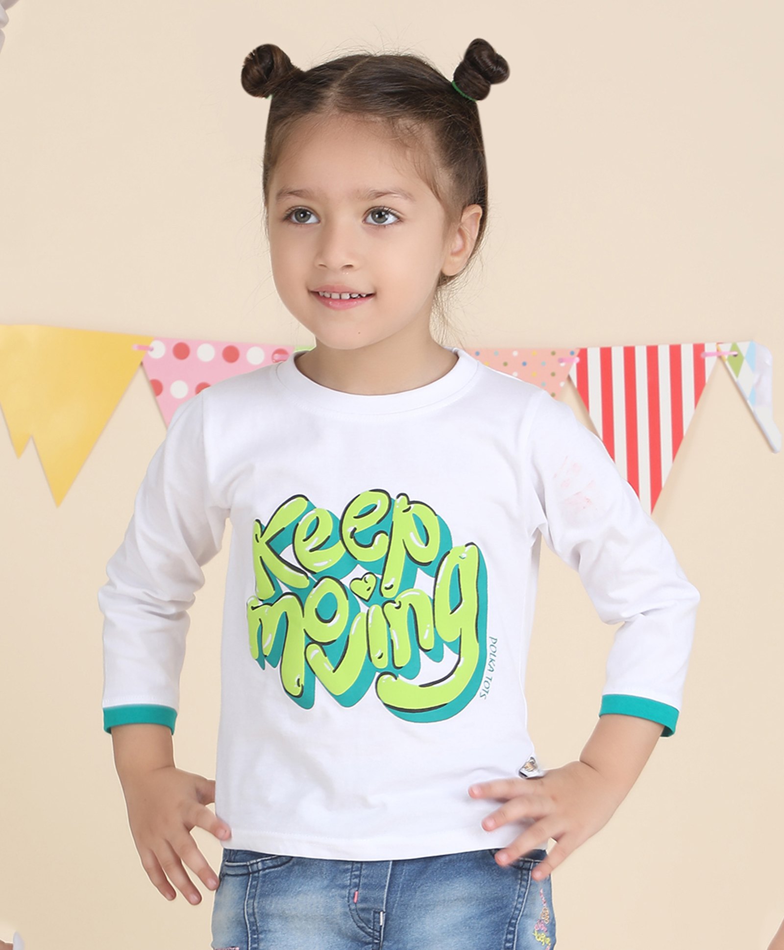 Polka Tots Cotton Full Sleeves Keep Moving Printed Tee - White-image-19