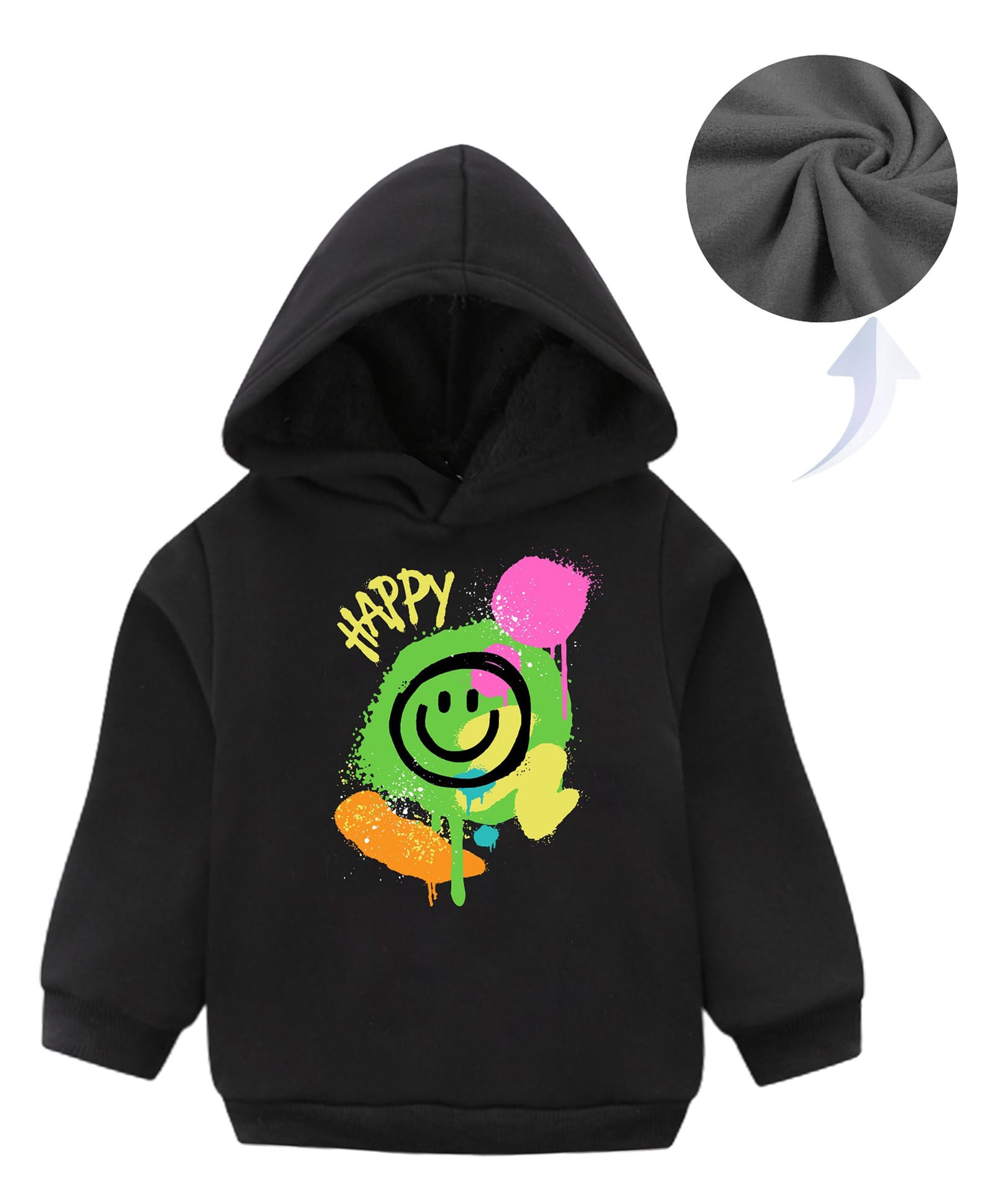 KAVEE Fleece Full Sleeves Smiley Printed Hooded Sweatshirt - Black-image-23