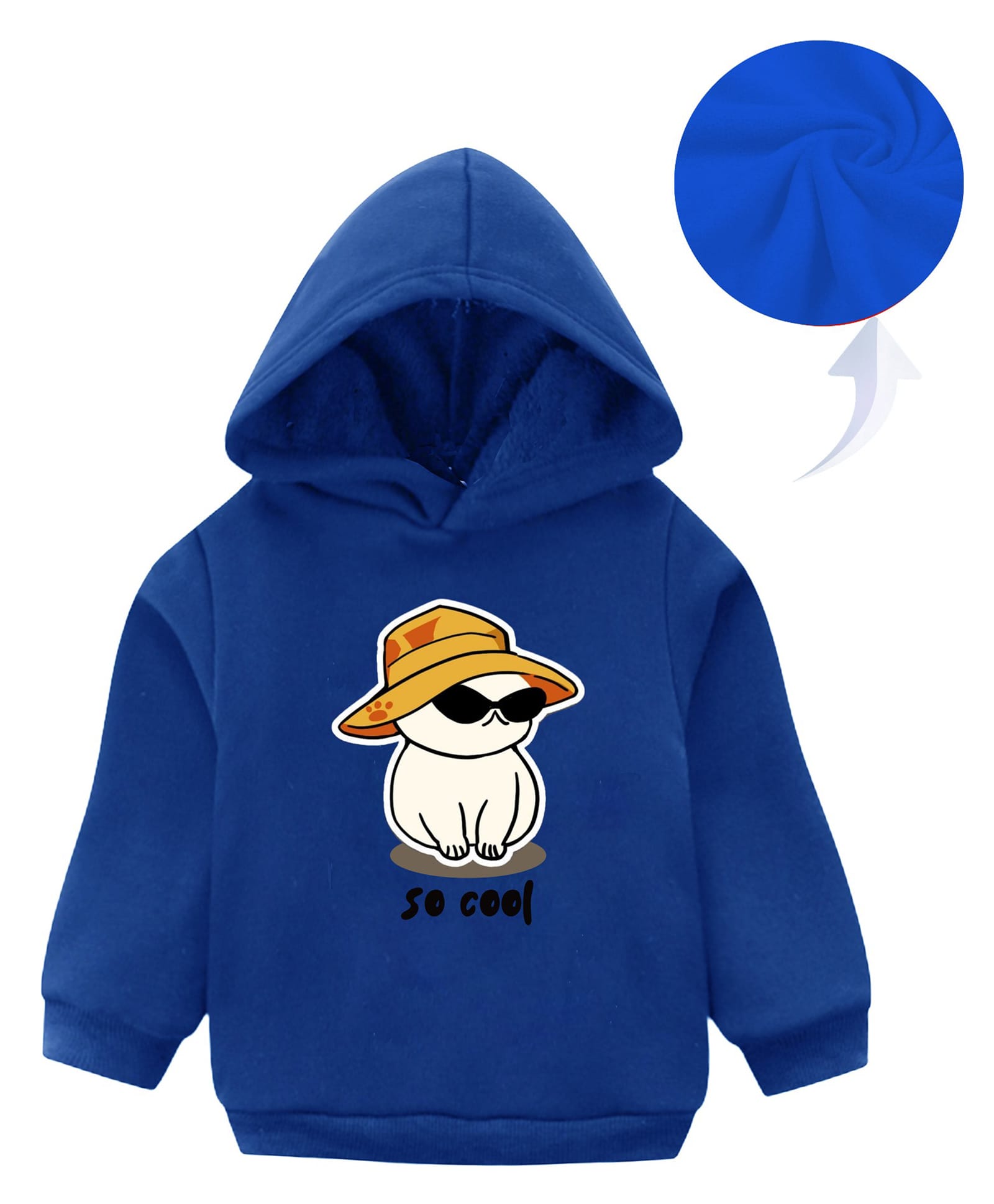 KAVEE Fleece Full Sleeves Cat & Text Printed Hooded Sweatshirt - Royal Blue-picture-24