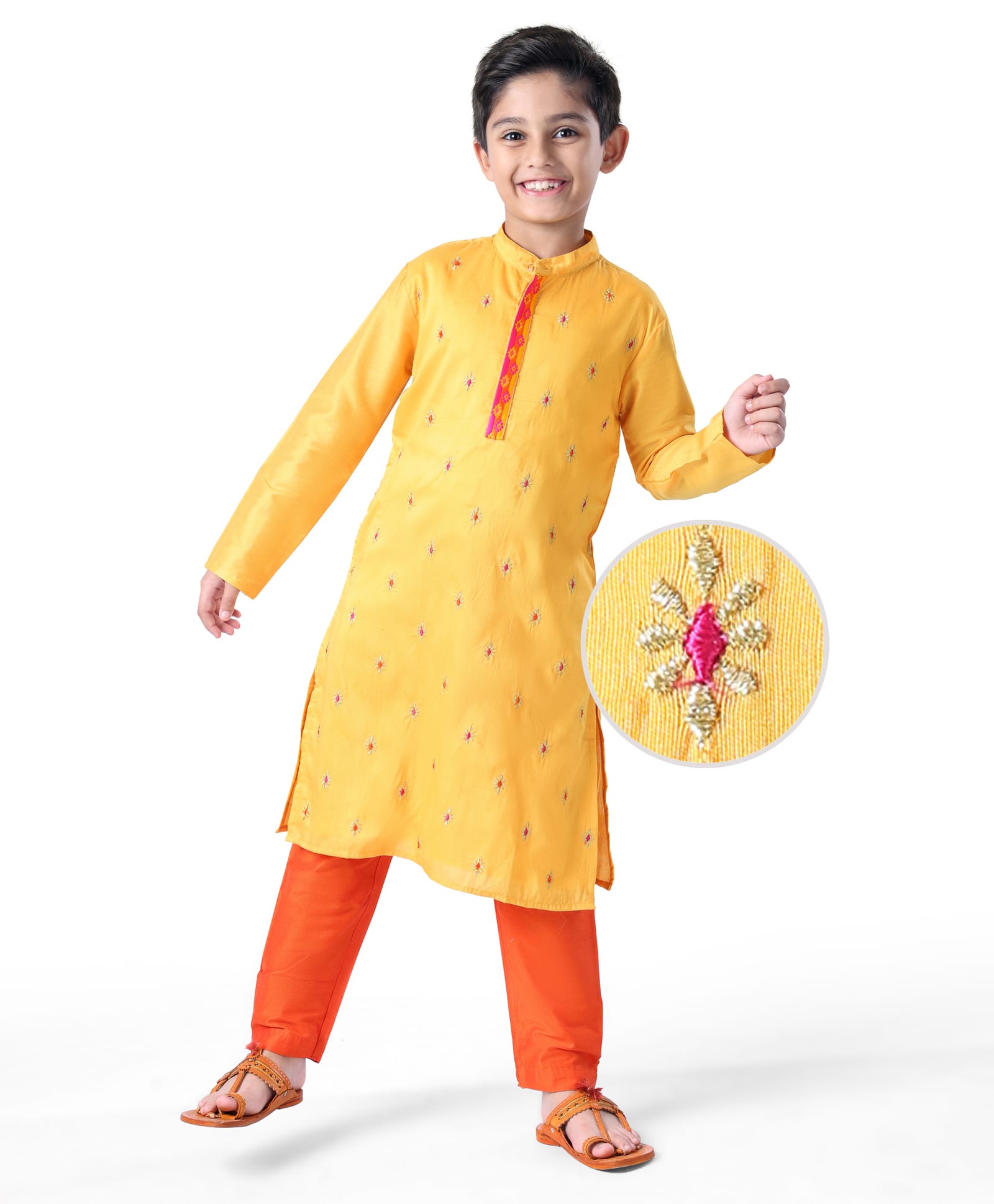 Earthy TouchWoven Full SleevesEmbroidered Kurta Pyjama Set - Yellow & Red-image-24