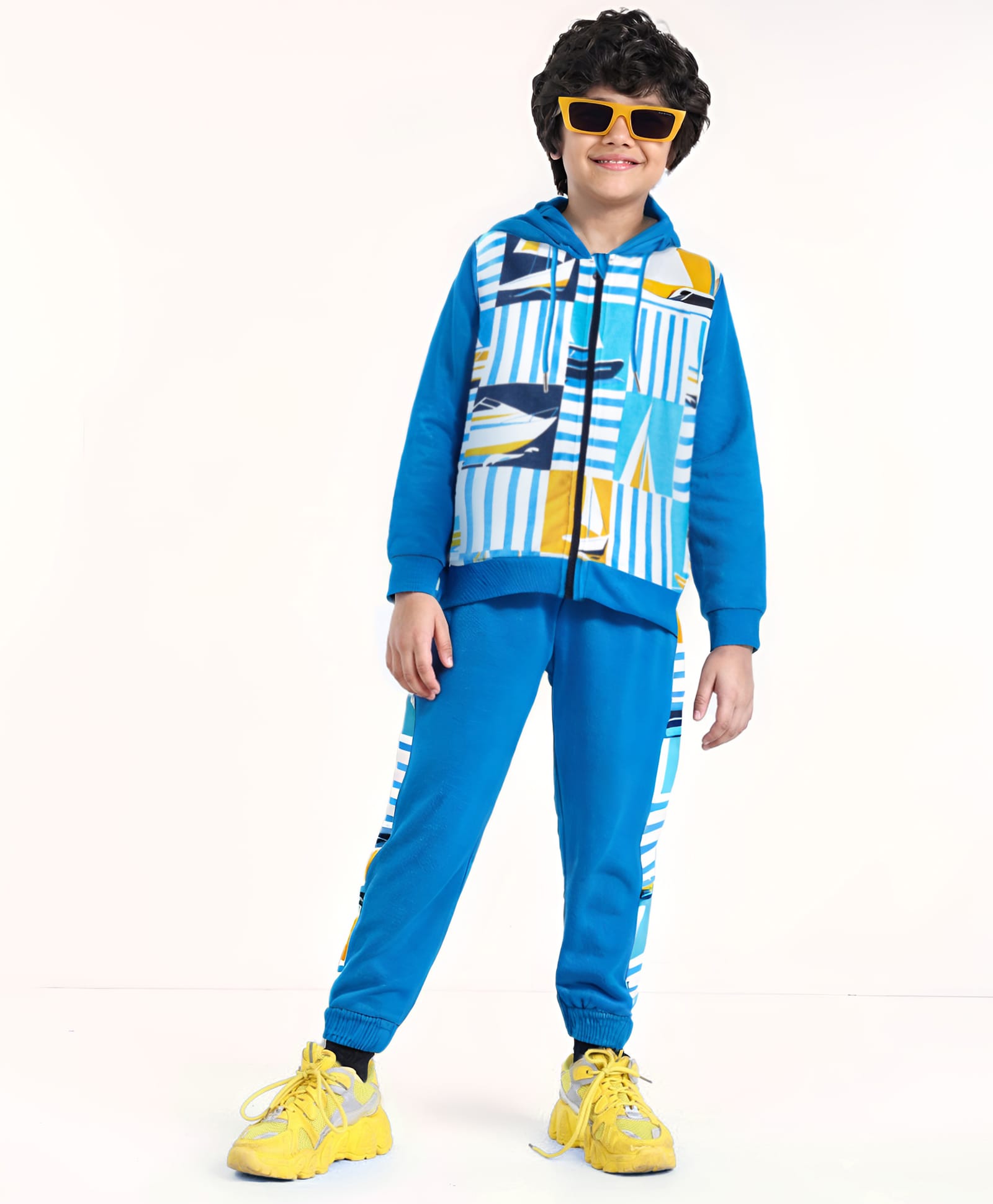 Ollington St. Cotton Knit Full Sleeves Front Open Boat Printed Hooded Sweatjacket & Joggers Set - Blue-picture-23