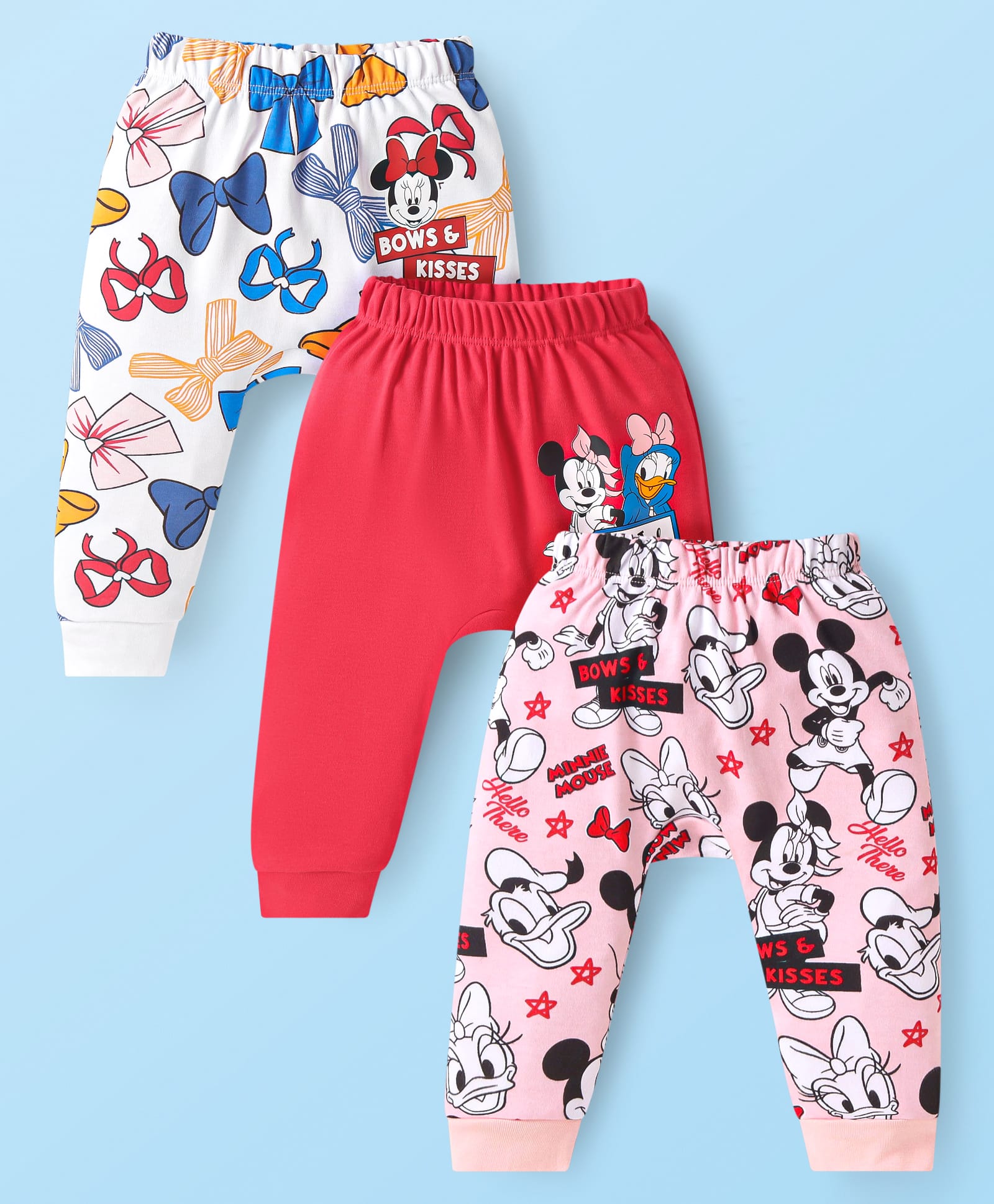 Babyhug Disney Interlock Knit Full Length Lounge Pants with Minnie Mouse Graphics Pack of 3 - Red White & Pink-image-45