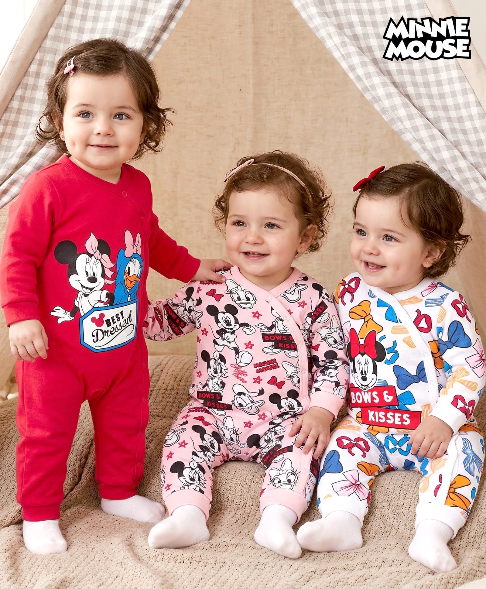 Babyhug Disney Interlock Knit Full Sleeves Rompers With Minnie Mouse Graphics Pack of 3 - Red White & Pink-picture-24