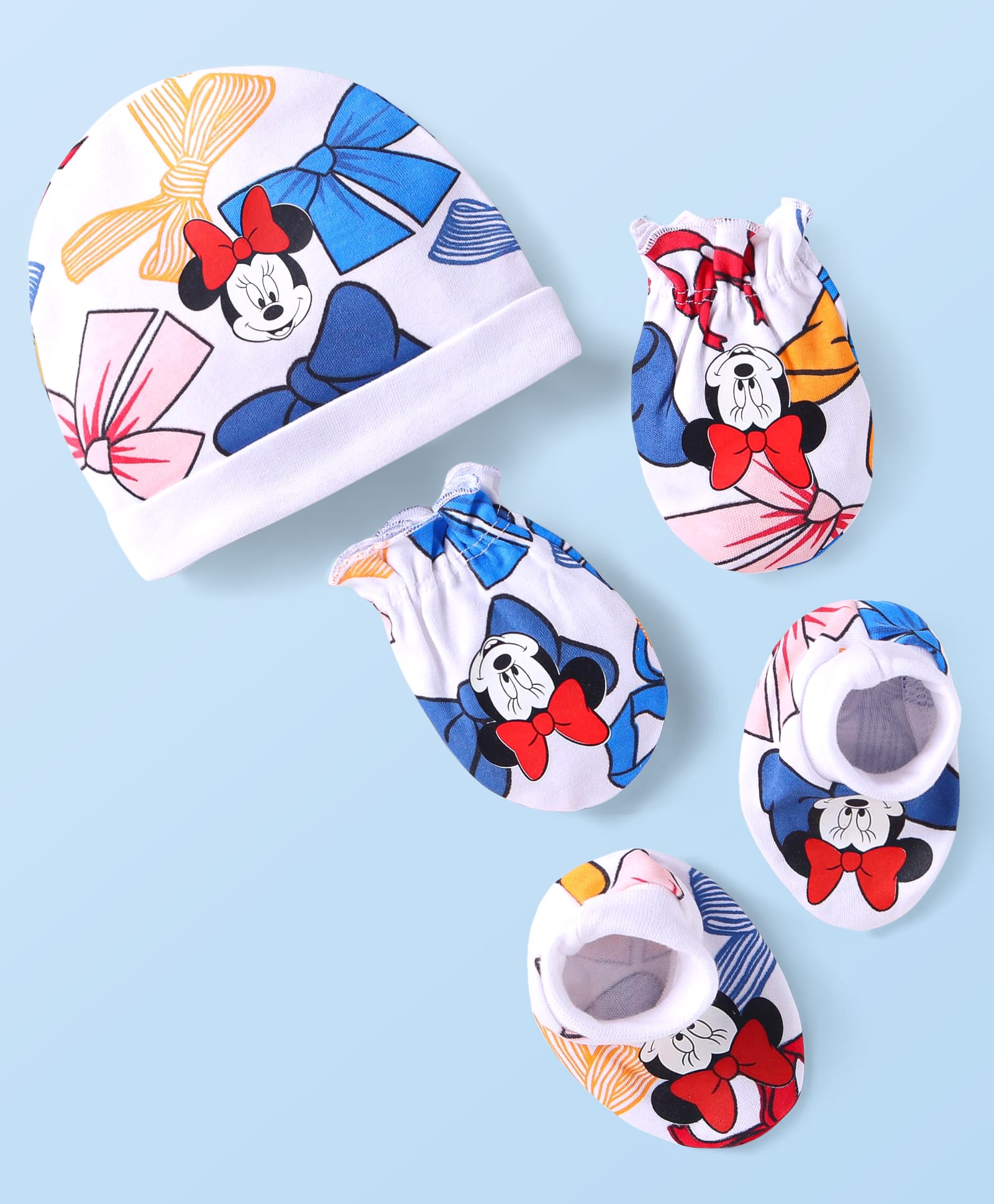 Babyhug Disney Interlock Knit Cap Mittens & Booties Set with Minnie Mouse Graphics - White-picture-23
