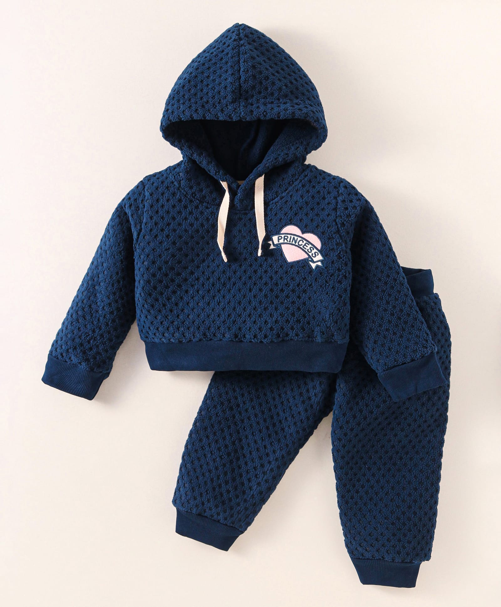 Ollypop Fleece Knit Full Sleeves Hooded T-Shirt & Lounge Pant with Patch Detailing - Navy Blue-image-36