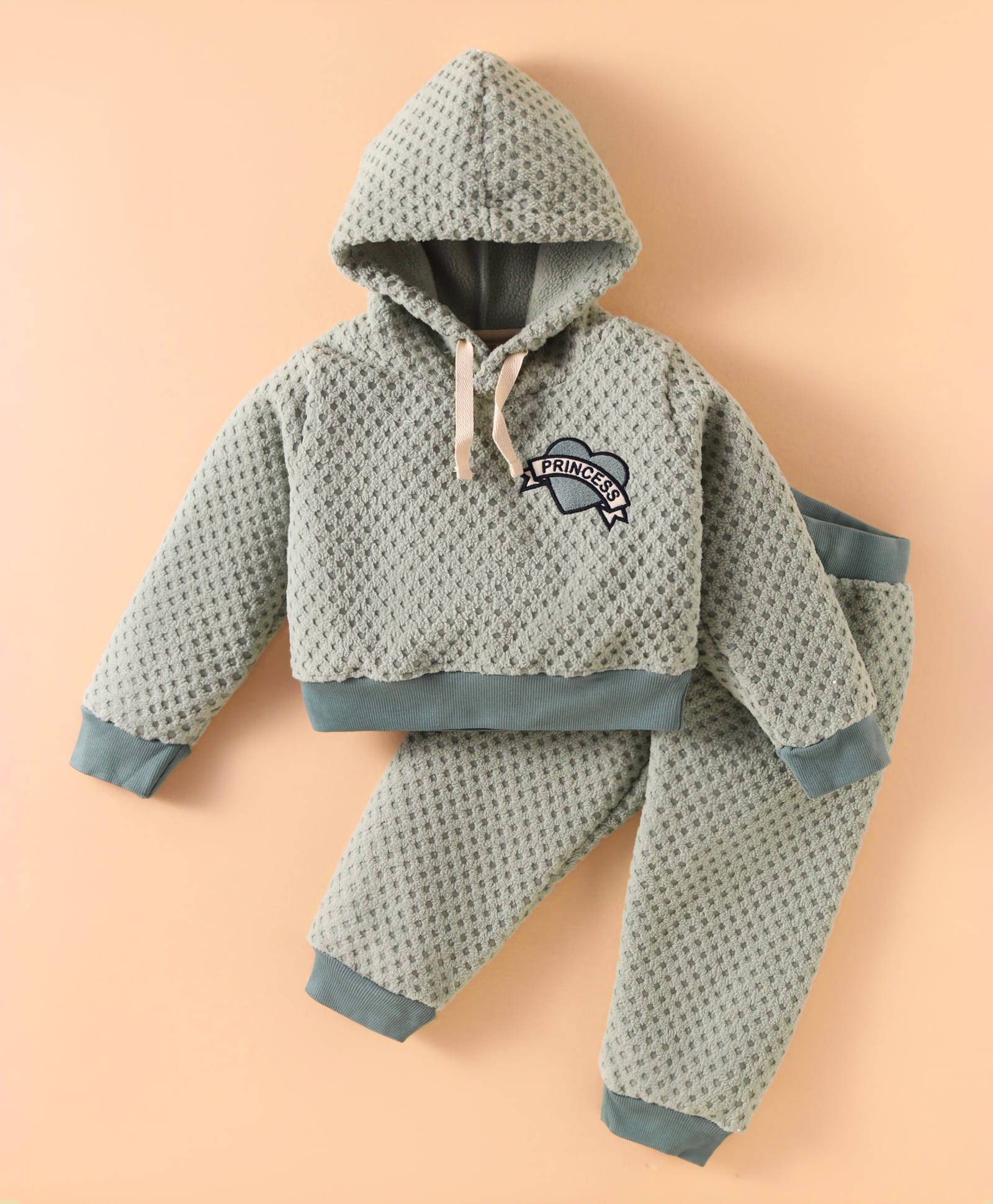 Ollypop Fleece Knit Full Sleeves Hooded T-Shirt & Lounge Pant with Patch Detailing - Teal Blue-picture-15