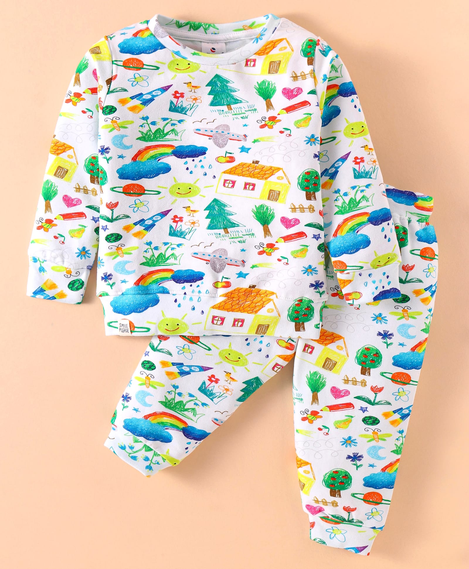 Ollypop Sinker Knit Full Sleeves T-Shirt & Lounge Pants Co-Ord Set With Rainbow Print - White & Blue-picture-39
