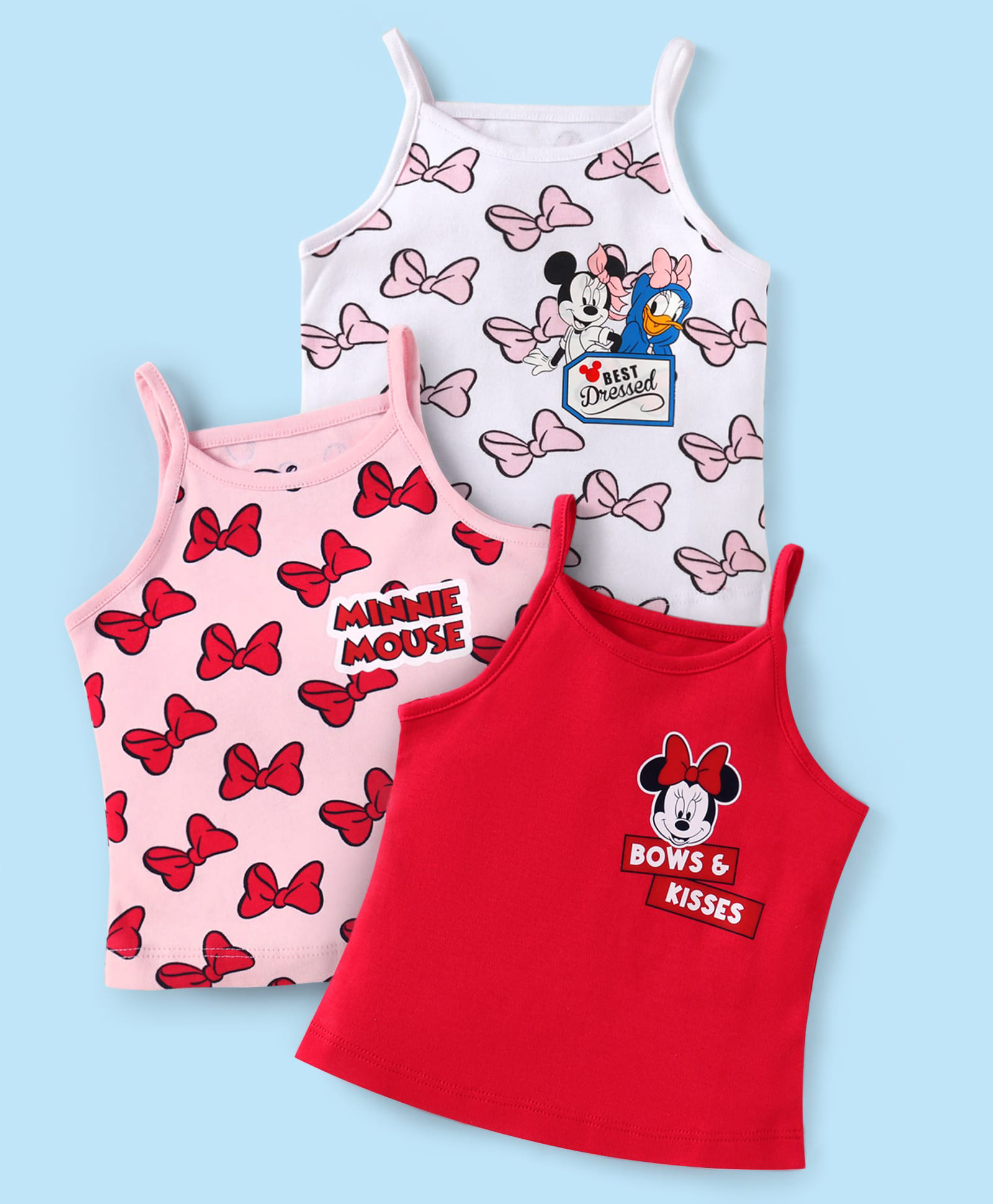 babyhug disney Babyhug Interlock Knit Singlet Sleeves Slips with Minnie Mouse Graphics Pack of 3 - White Red & Pink-picture-16