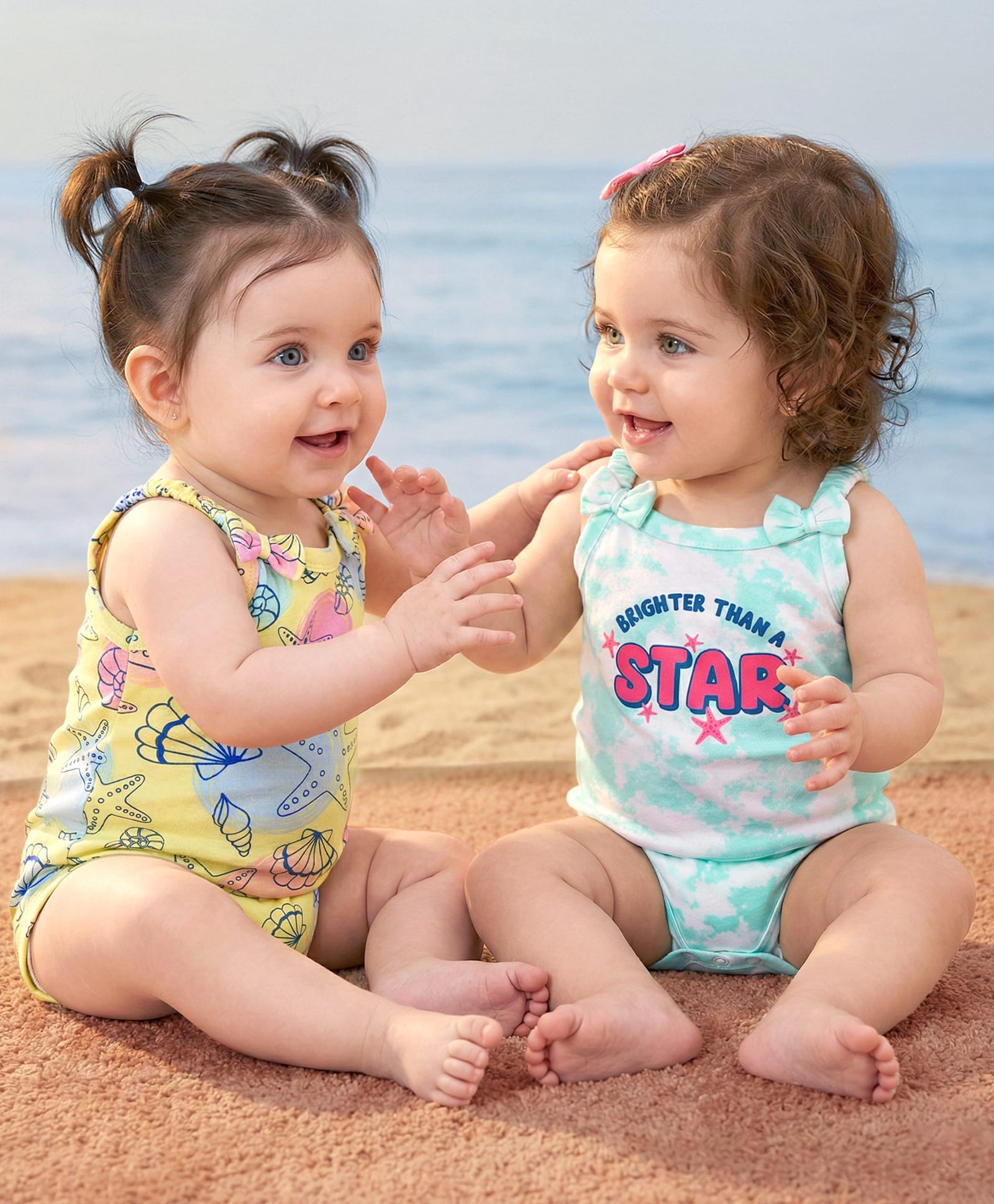 Babyoye 100% Cotton Knit Interlock Singlet Sleeves Eco Jiva Finish Tie & Dye Onesies with Sea Life Print Pack of 2 - Yellow & Light Blue-image-35