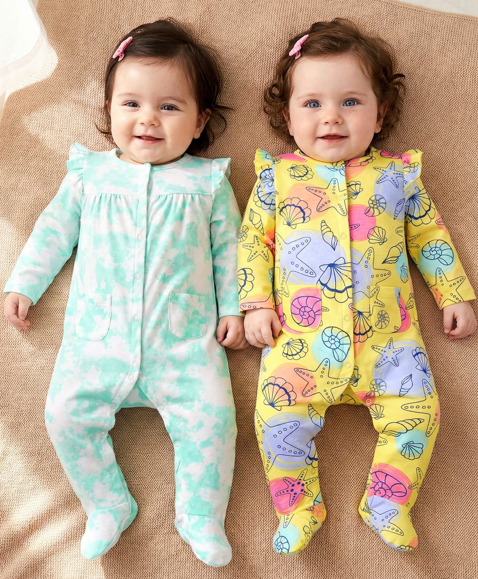 Babyoye 100% Cotton Knit Full Sleeves Eco Jiva Finish Footed Sleep Suits with Tie & Dye & Sea Life Print Pack of 2 - Yellow & White-image-47