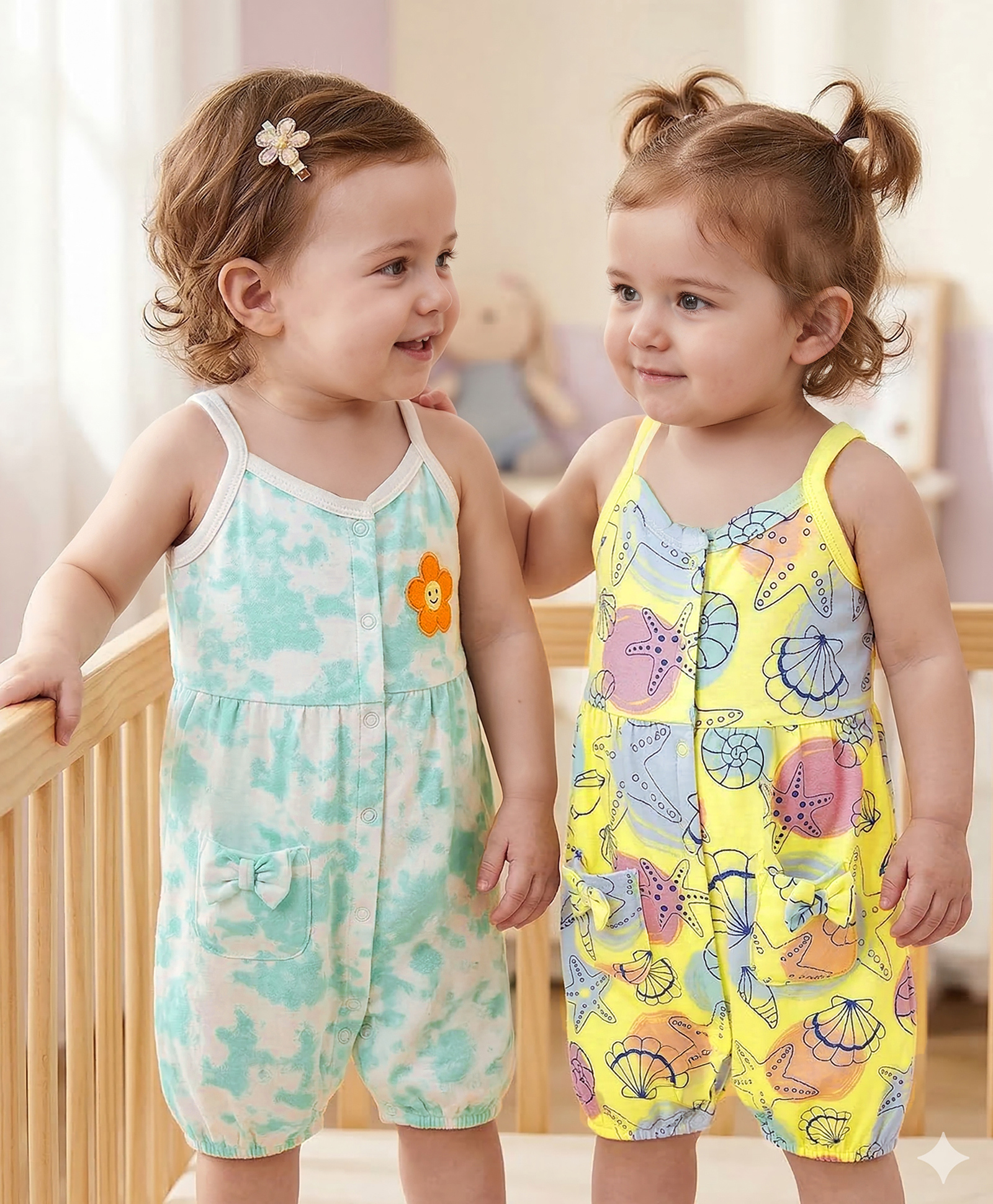 Babyoye Eco Conscious 100% Cotton Interlock Sleeveless Tie & Dye Rompers with Sea Life Print & Bow Applique Pack of 2 - Yellow & Sea Green-image-12