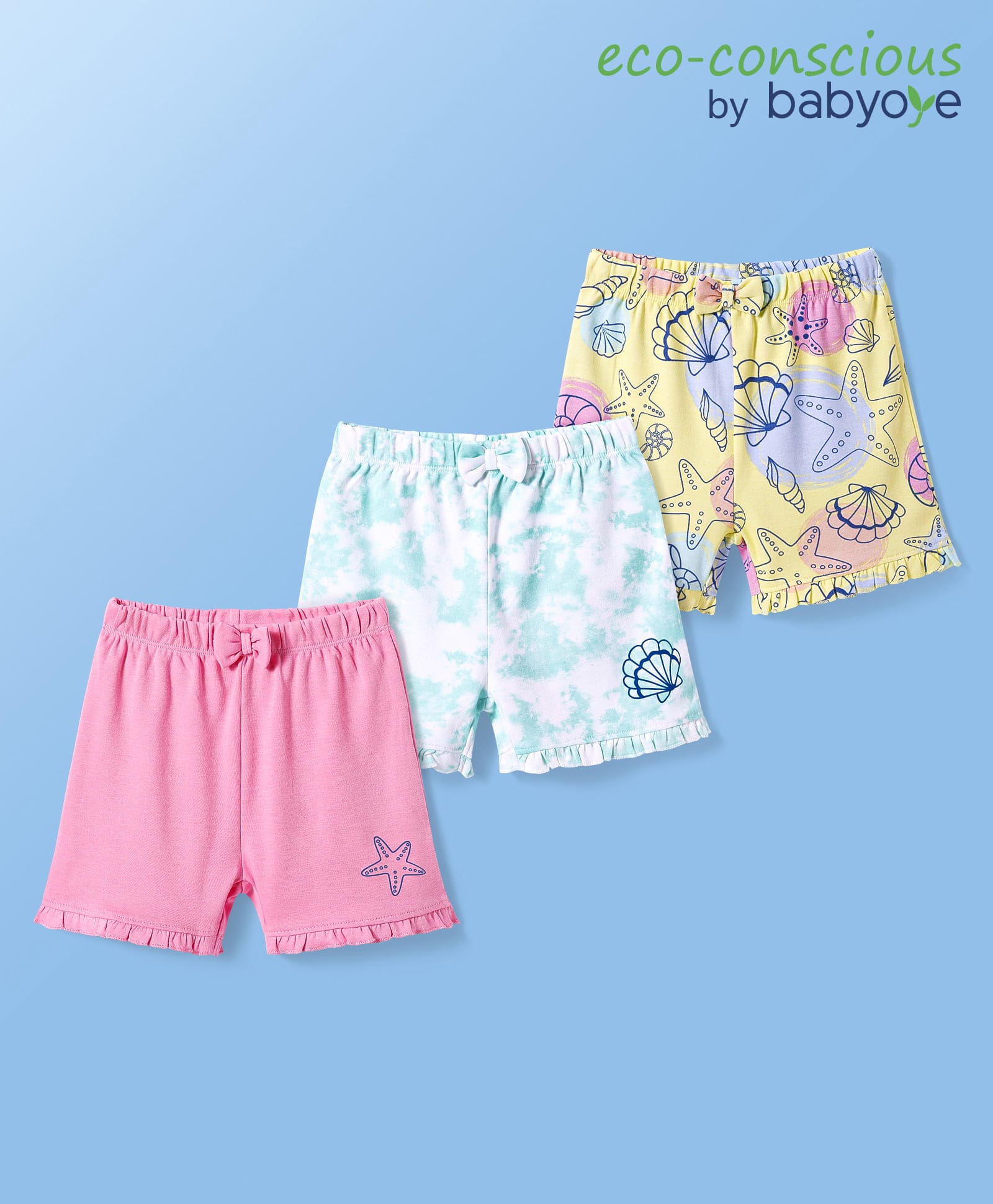 Babyoye Eco Conscious Interlock Knit Shorts With Tie & Dye & Sea Animals Print Pack of 3 - Pink White & Yellow-picture-10