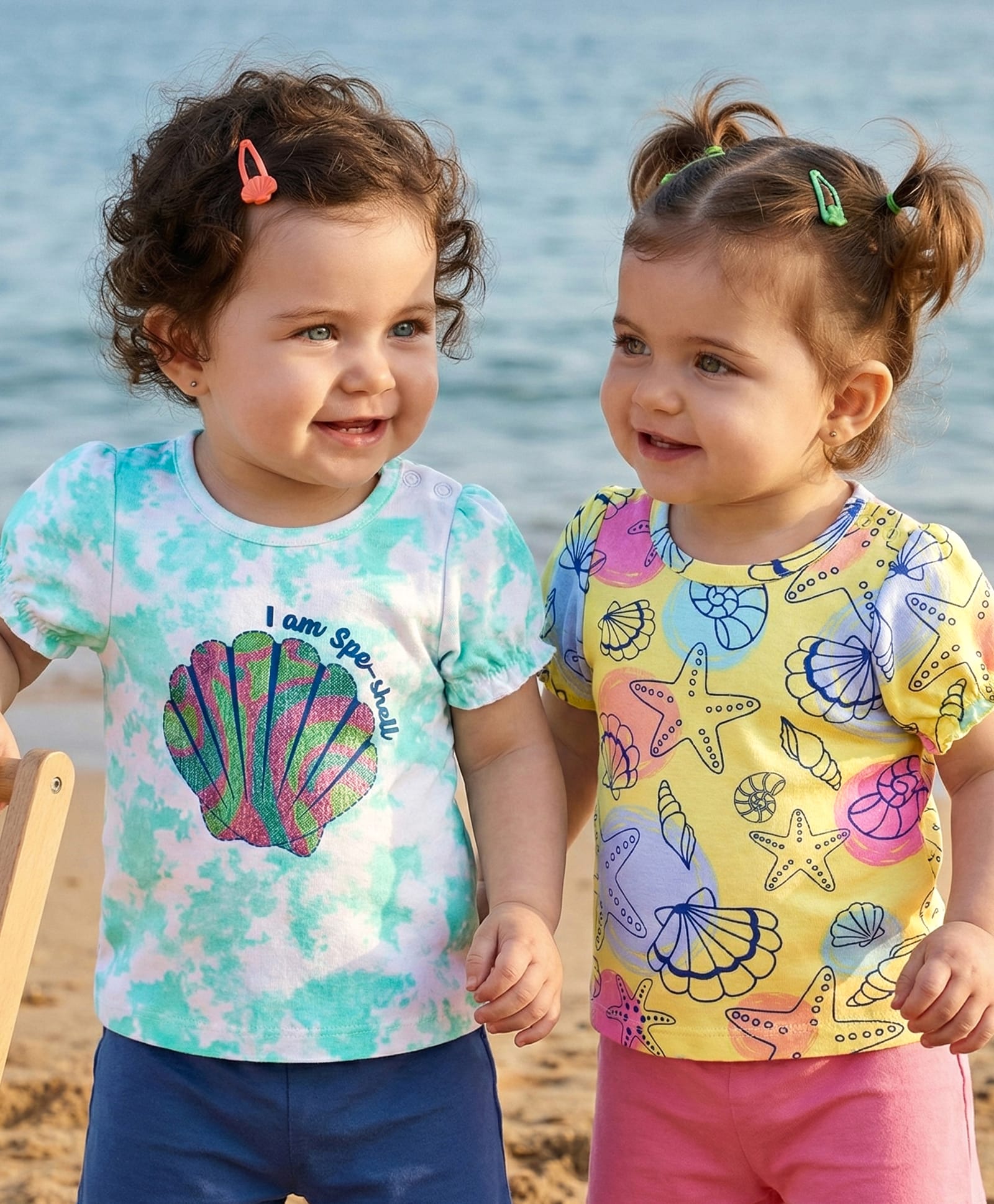 Babyoye Eco Conscious Interlock Knit with Eco Jiva Finish Puff Sleeves T-Shirts With Star Fish & Shell Fish Print Pack of 2 - Light Blue Yellow-image-28