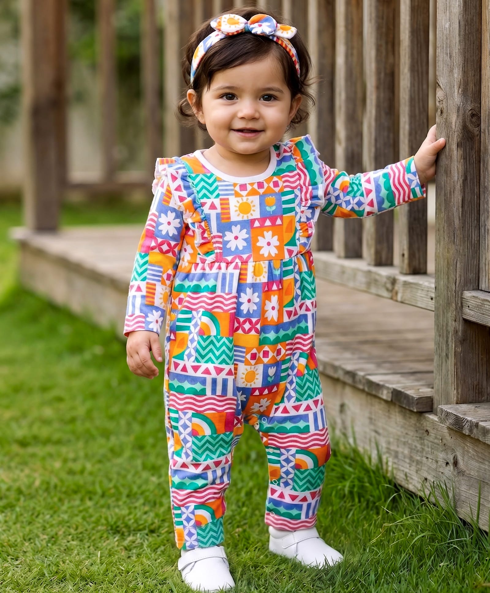 Babyhug Interlock Knit Full Sleeves Romper With Floral Print & Hairband - Green-picture-38