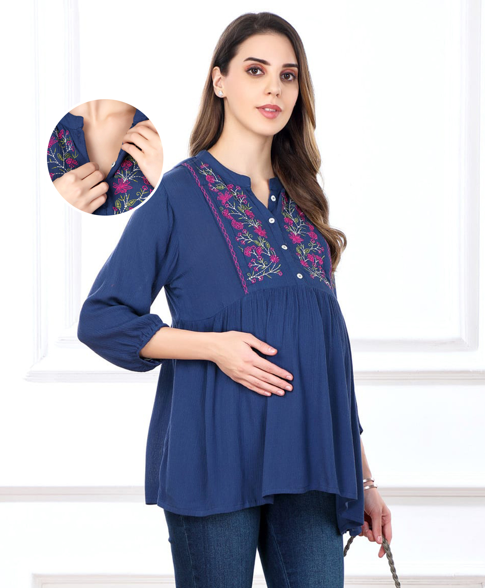 Bella Mama Woven Three Fourth Sleeves Embroidered Yoke Maternity Top - Navy Blue