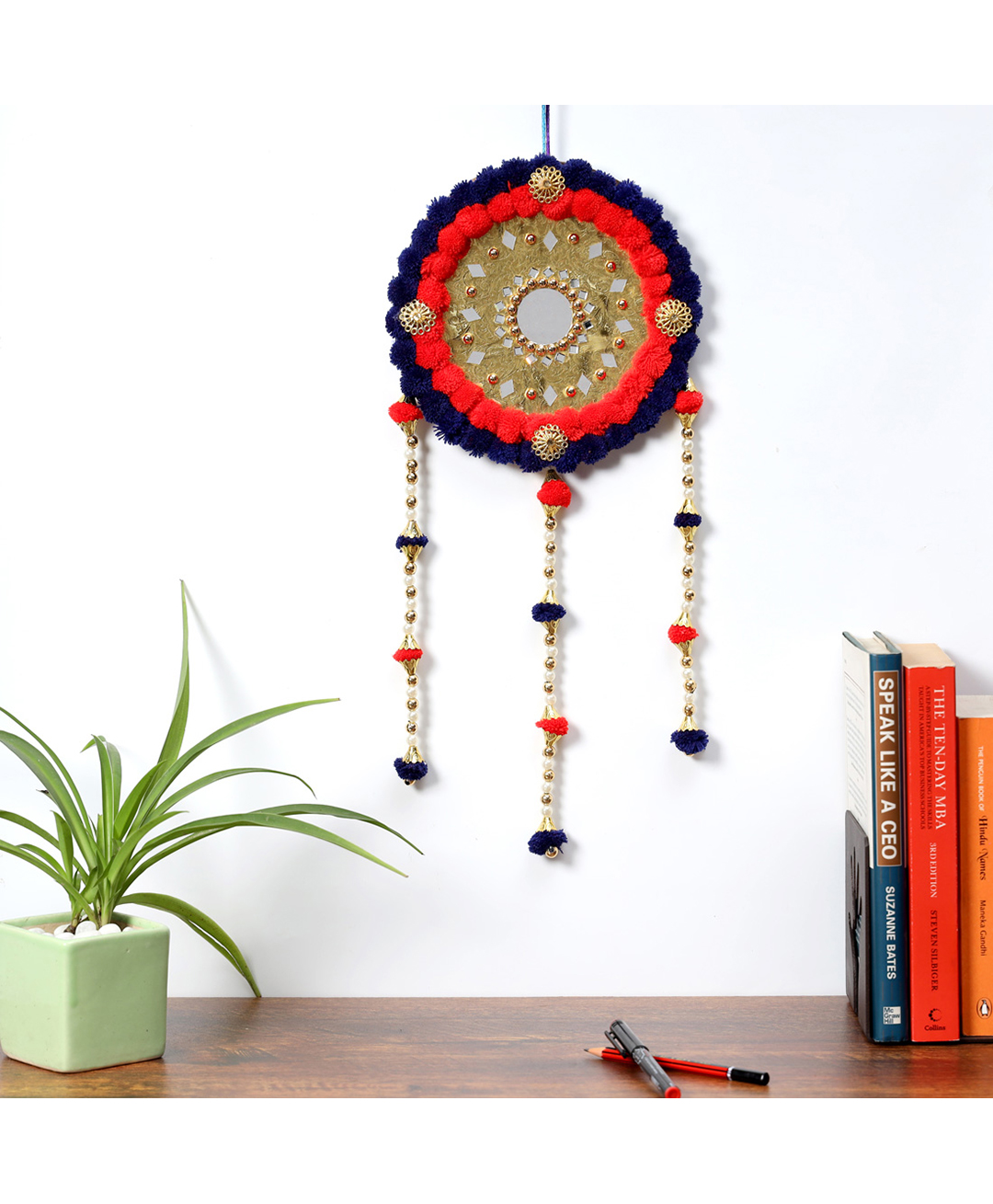 DULI Handmade Dream catcher Wall Hanging with Blue & Red Pompoms and Beads for Home Decoration-picture-43
