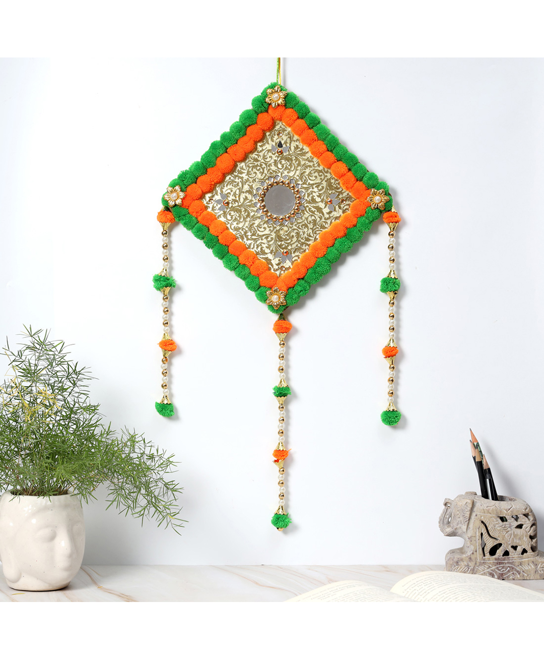 DULI Handmade Dream catcher Wall Hanging with Orange & Green Pompoms and Beads for Home Decoration-picture-45
