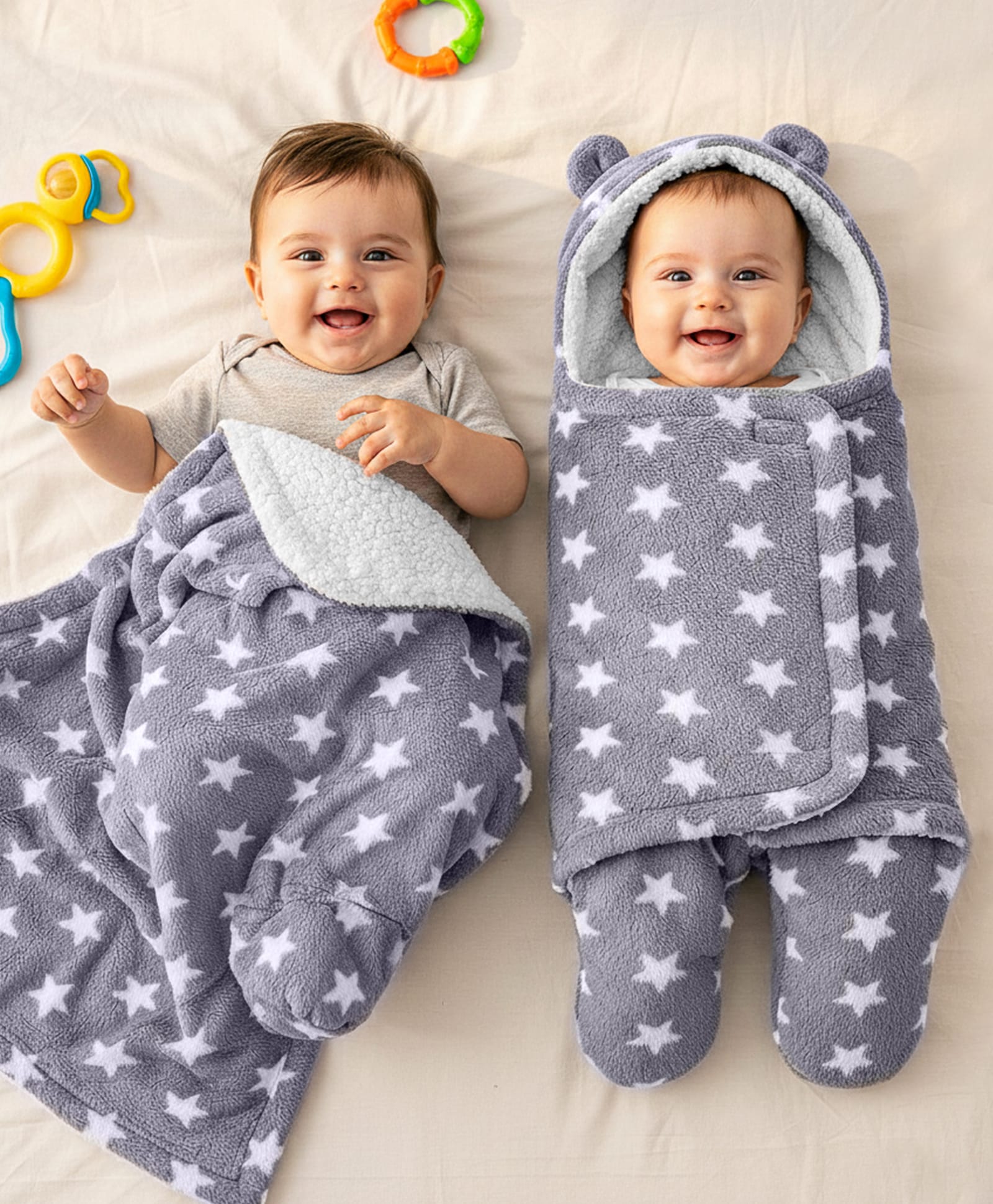 Zoe Supersoft Hooded Wearable Wrapper and Blanket Set Star Print Pack of 2 - Grey-picture-37